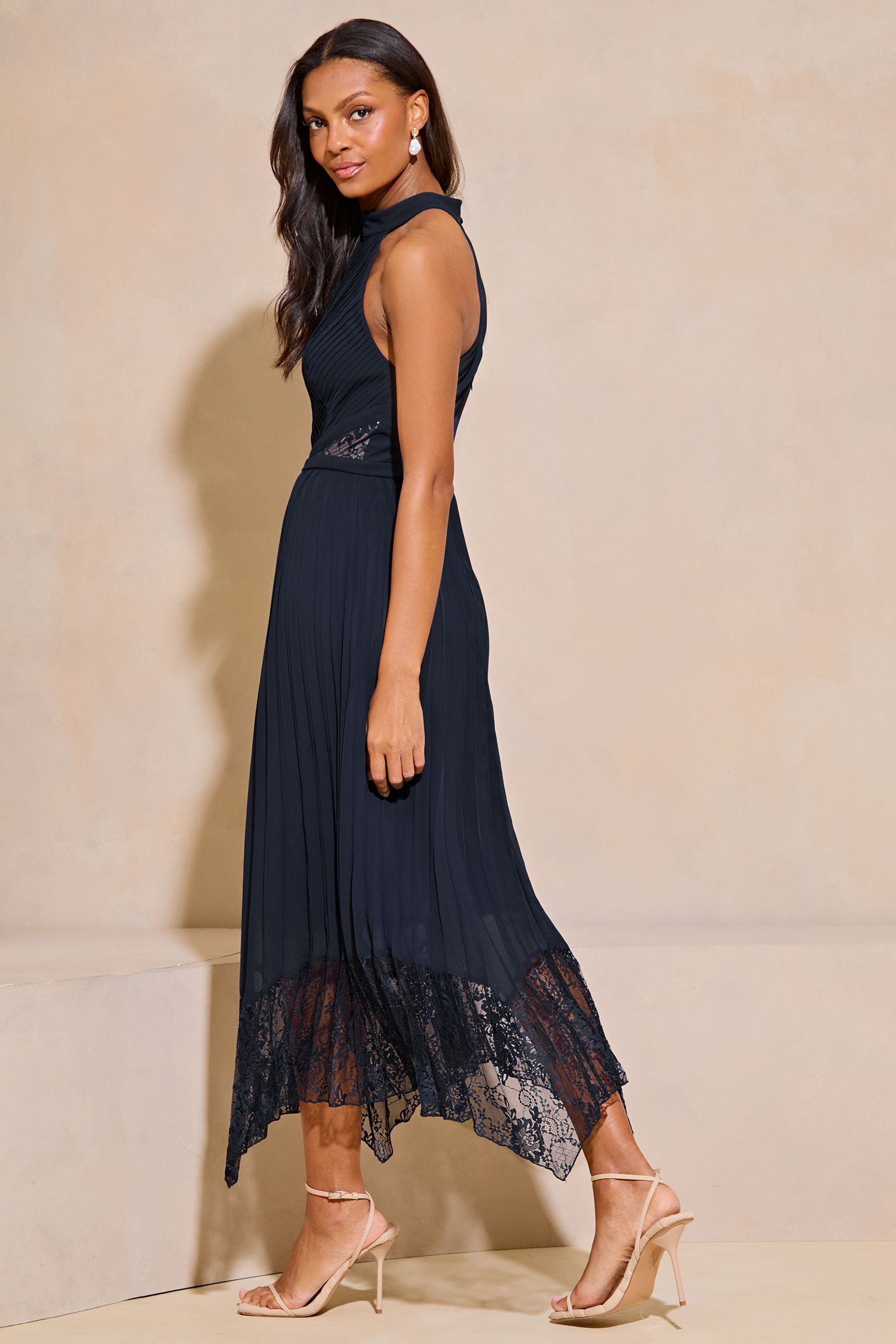 Buy Lipsy Navy Blue Petite Halter Pleated Lace Midi Dress from Next Austria