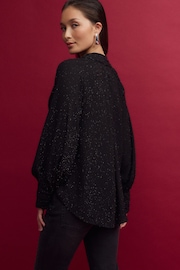 Black Textured Sparkle Long Sleeve Tie Neck Blouse - Image 5 of 5