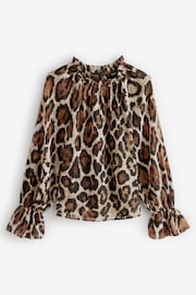 Brown Animal Print Volume Long Sleeve Blouse - Image 5 of 6