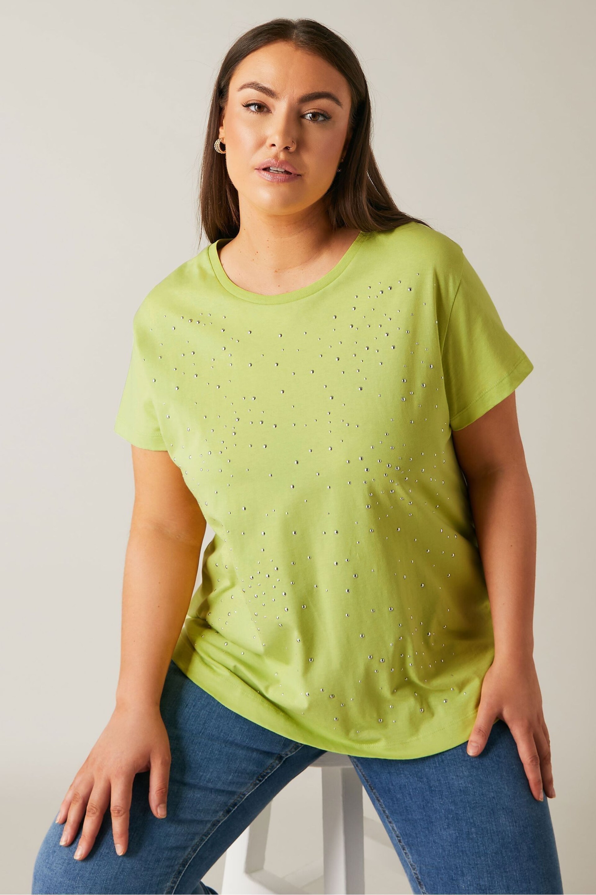 EVANS Curve White Stud Embellished Pure Cotton T-Shirt - Image 1 of 4