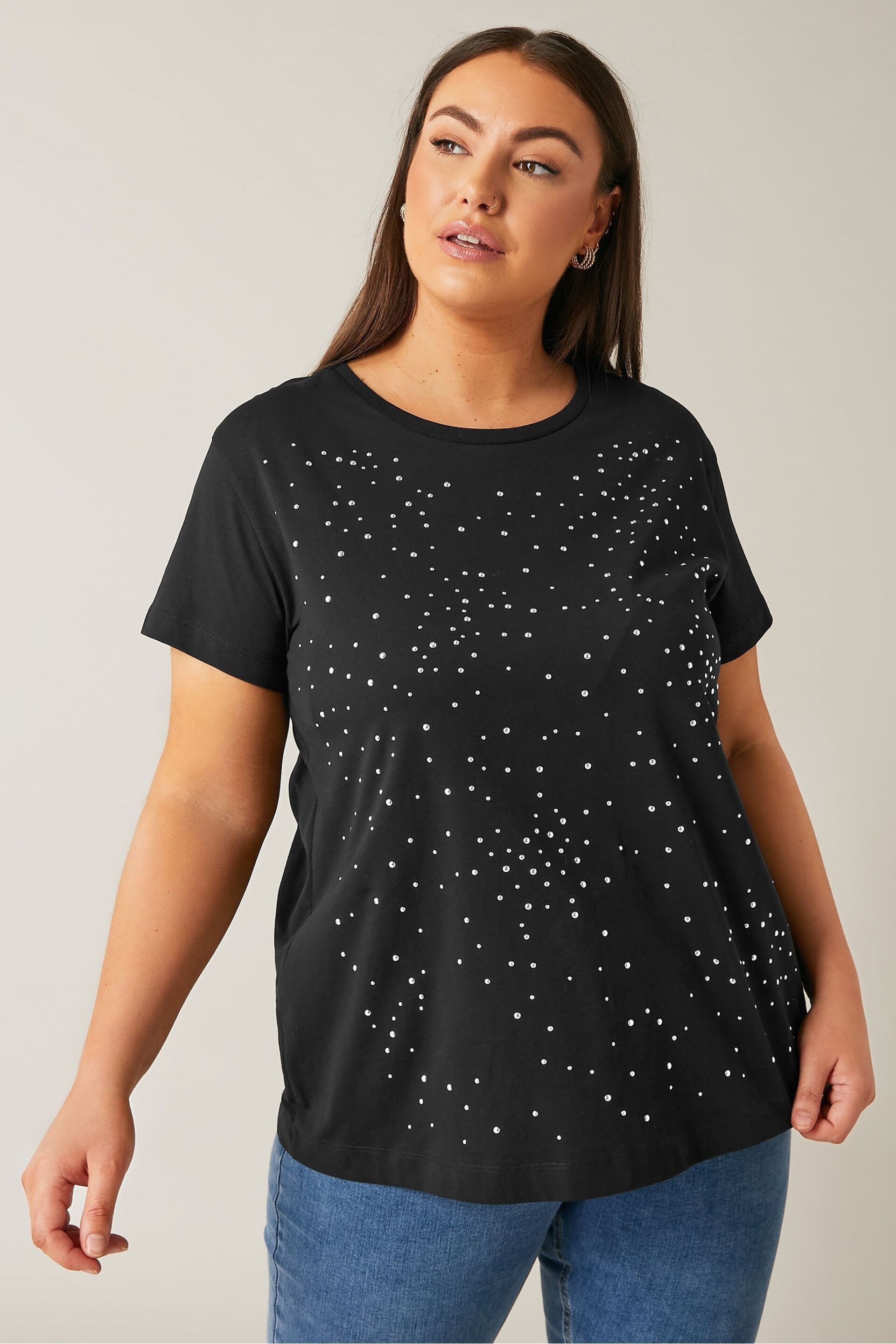 EVANS Curve White Stud Embellished Pure Cotton T-Shirt - Image 1 of 4