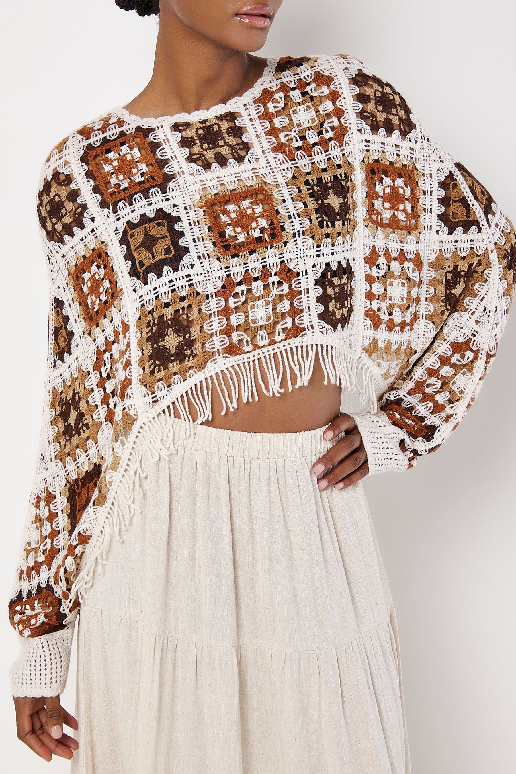Buy Apricot Natural Fringed Crochet Squares Poncho Top from the Next UK online shop