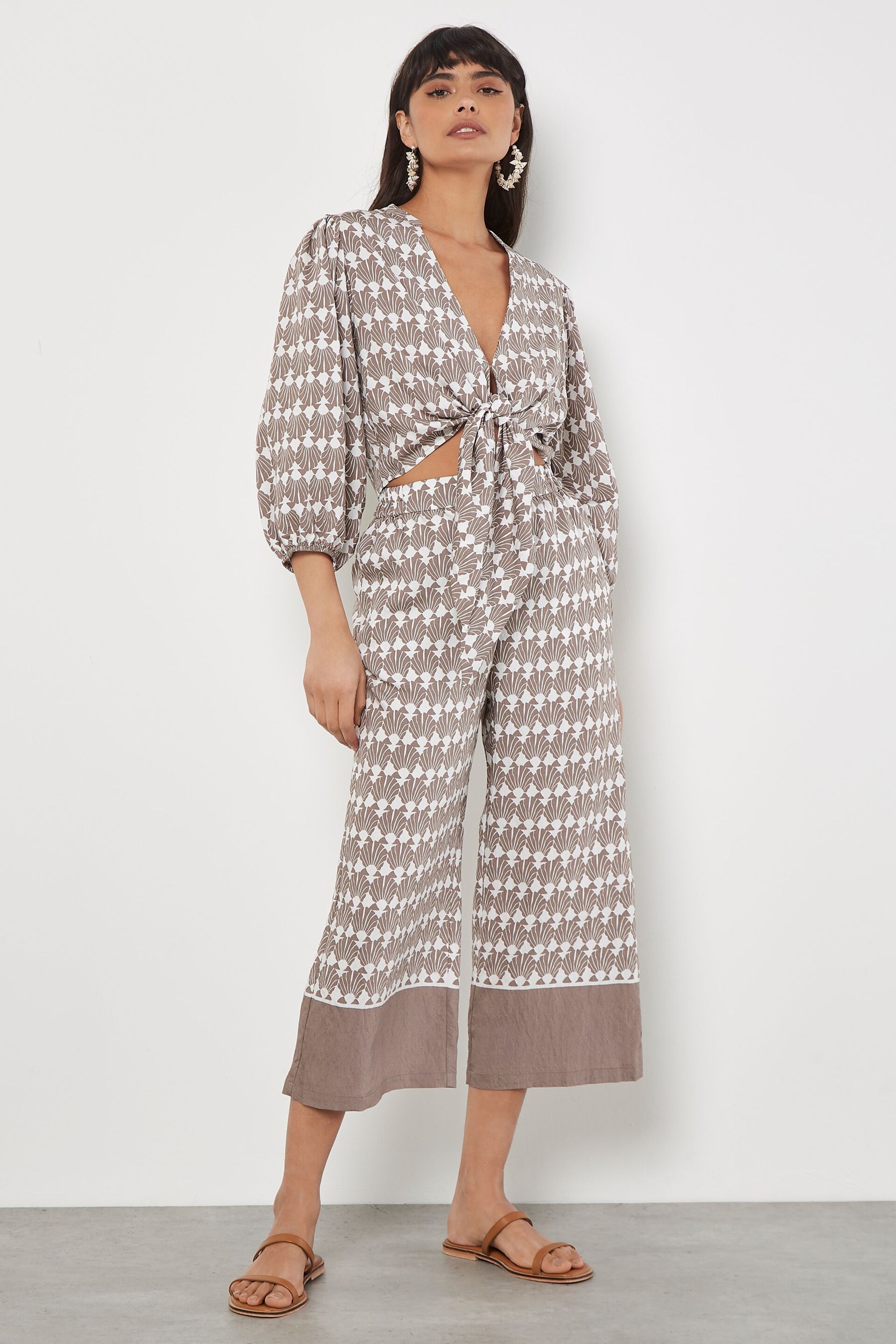 Apricot Grey Shell Geo Border Culottes - Image 1 of 4