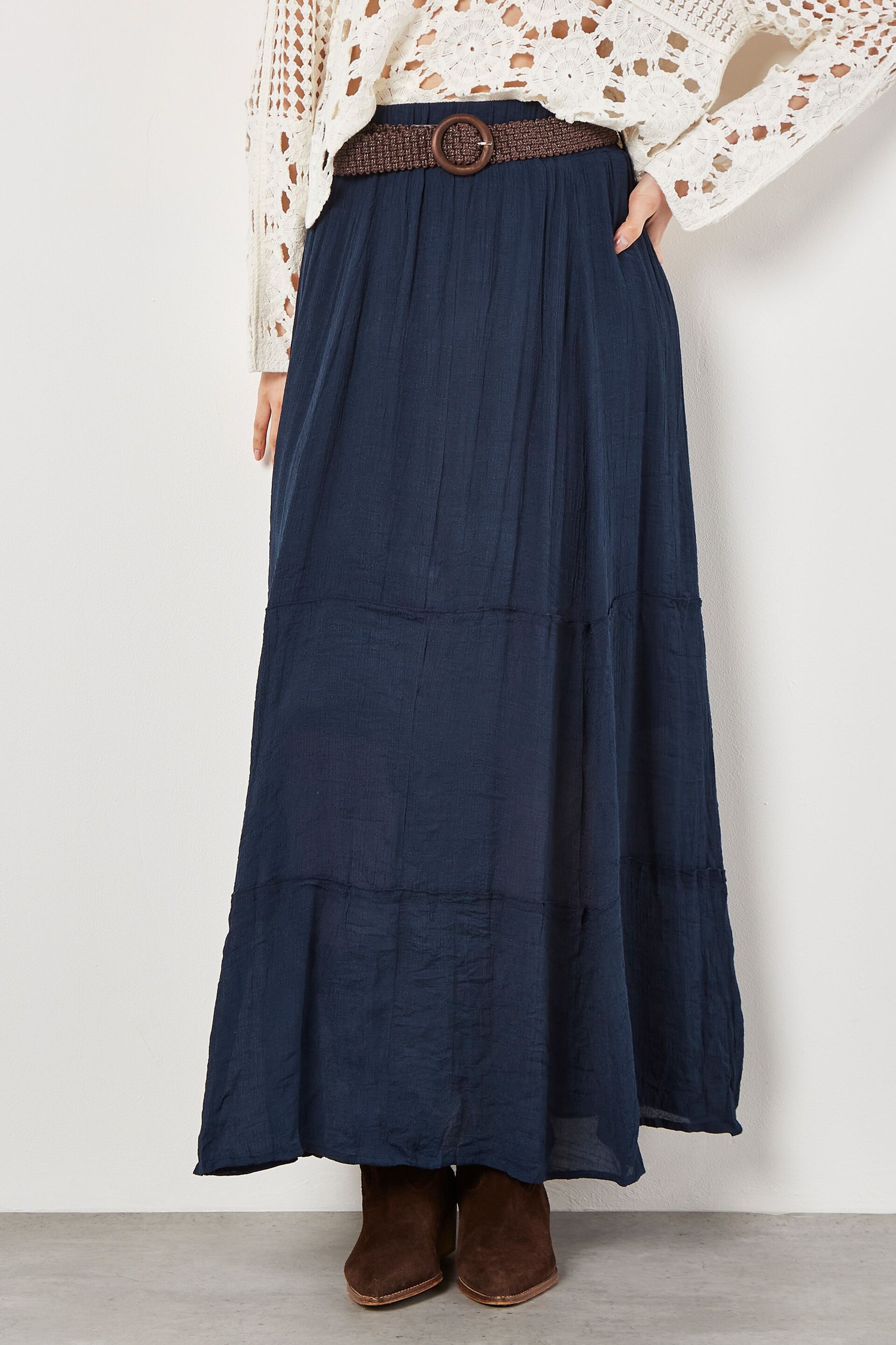 Apricot Blue Slub Shimmer Belt Maxi Skirt - Image 2 of 4