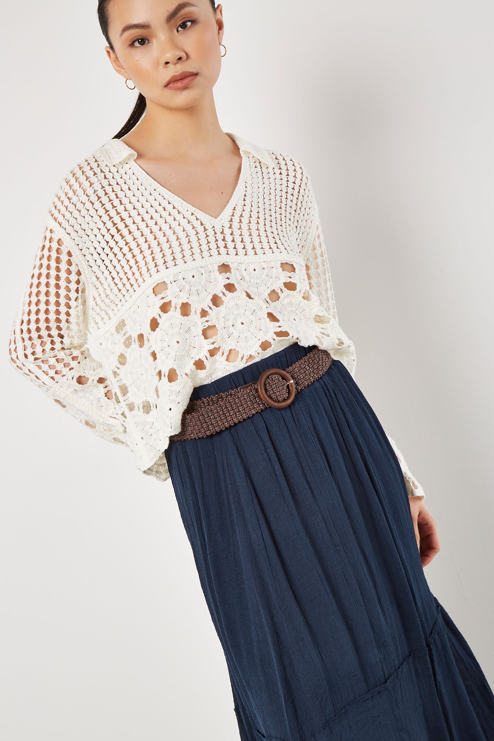 Apricot Blue Slub Shimmer Belt Maxi Skirt - Image 3 of 4
