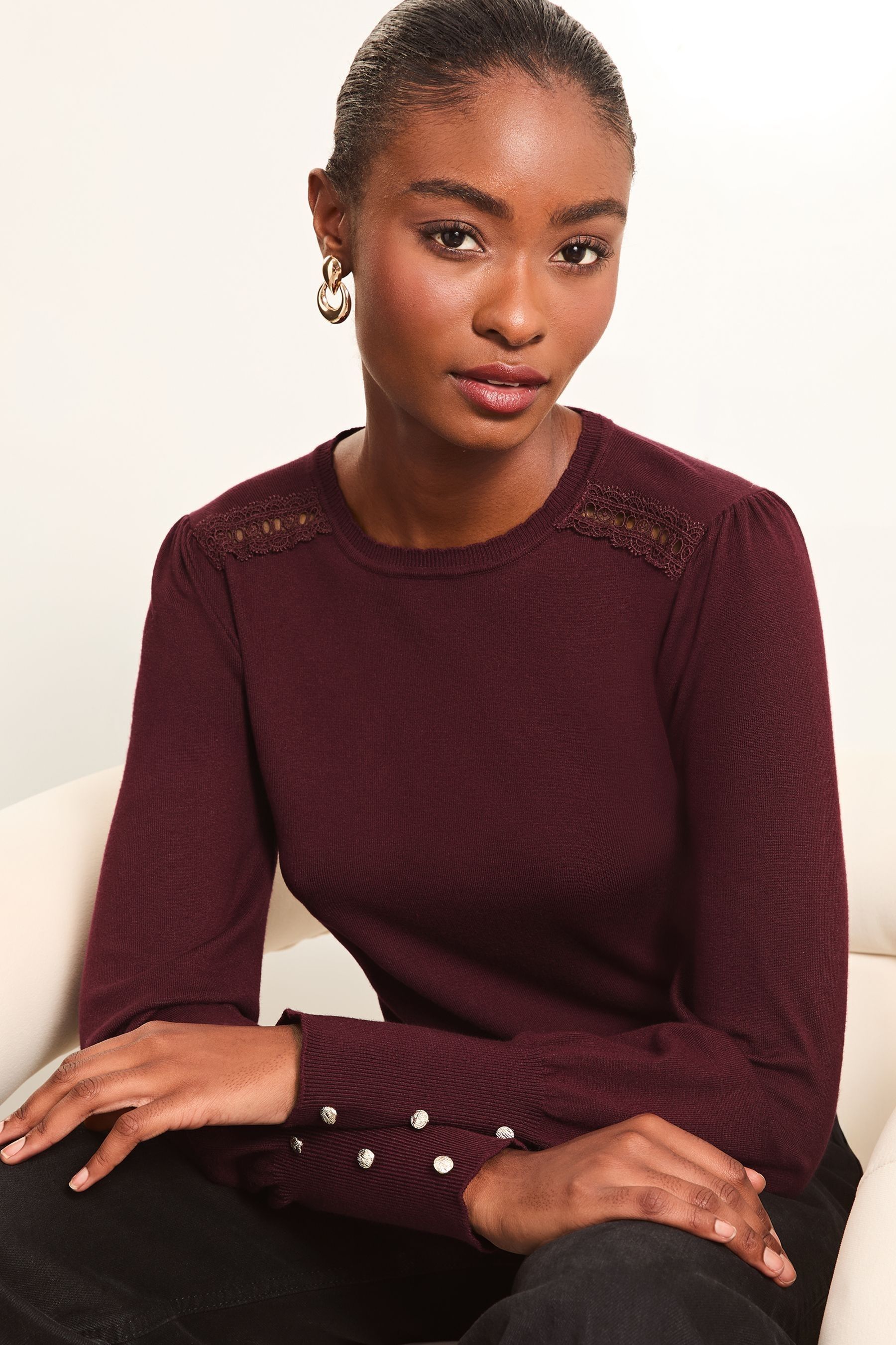 Buy Lipsy Burgundy Red Petite Lace Insert Scallop Knit Jumper from the Next UK online shop