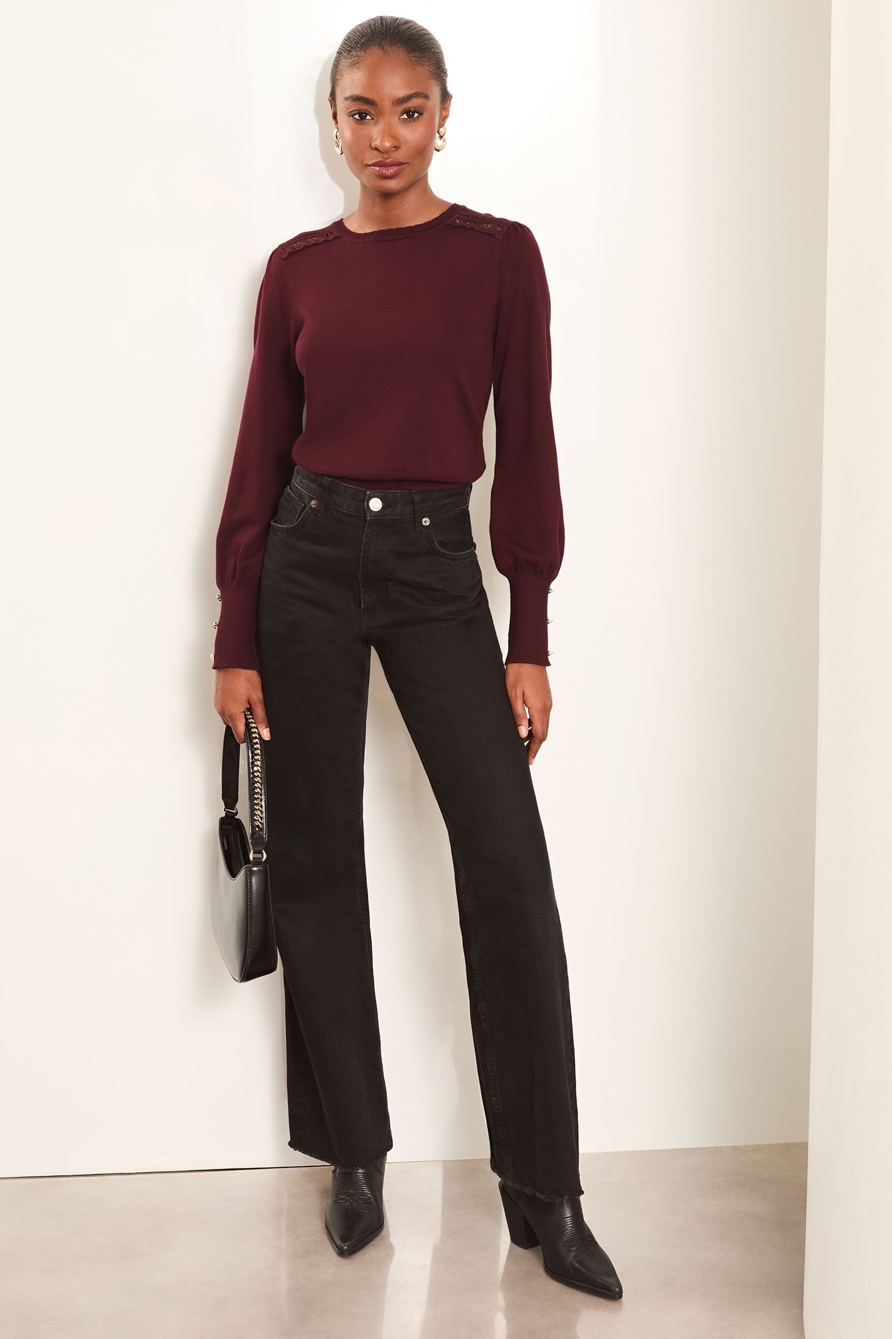 Buy Lipsy Burgundy Red Petite Lace Insert Scallop Knit Jumper from the Next UK online shop
