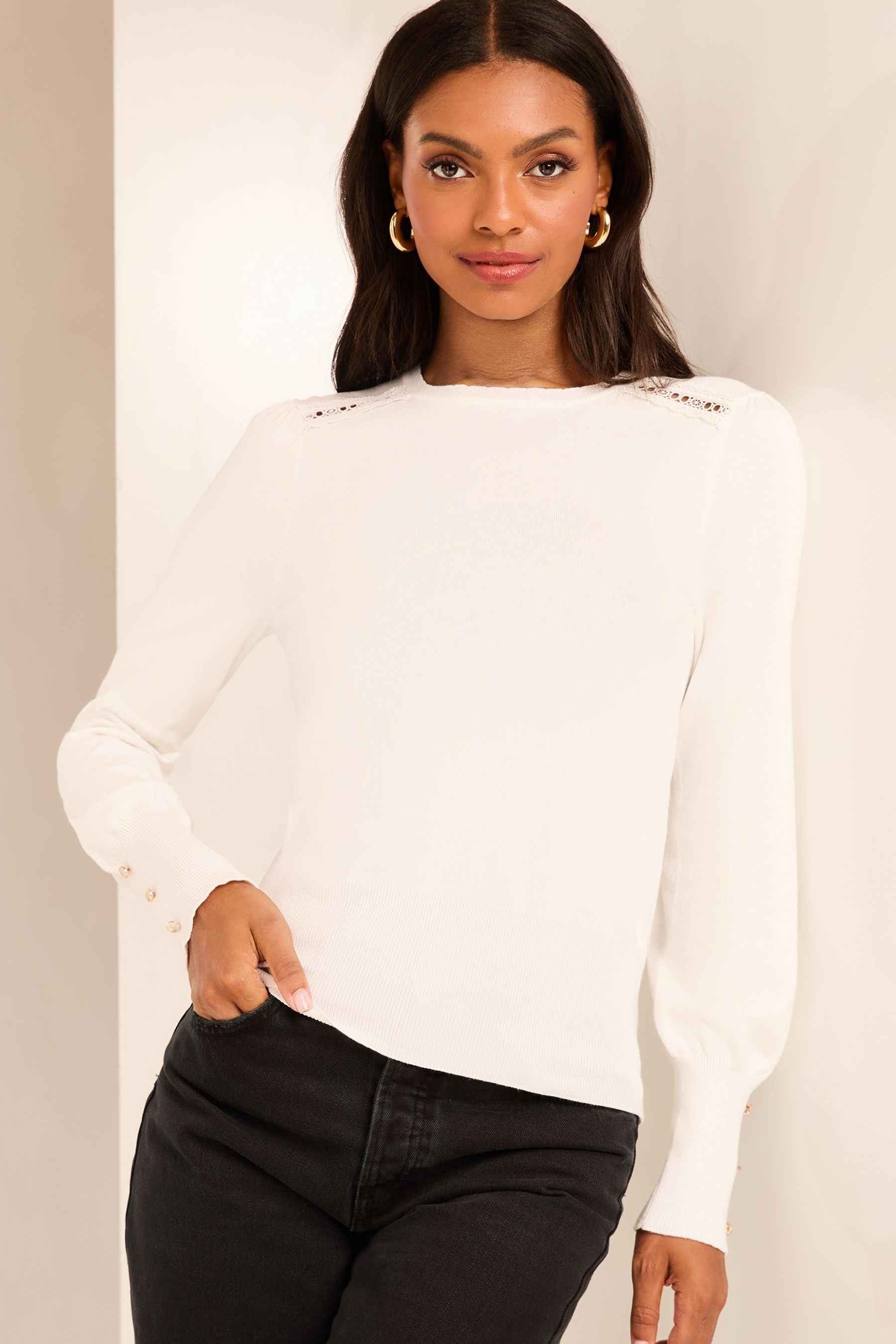 Buy Lipsy Ivory White Lace Insert Scallop Knit Jumper from Next Oman