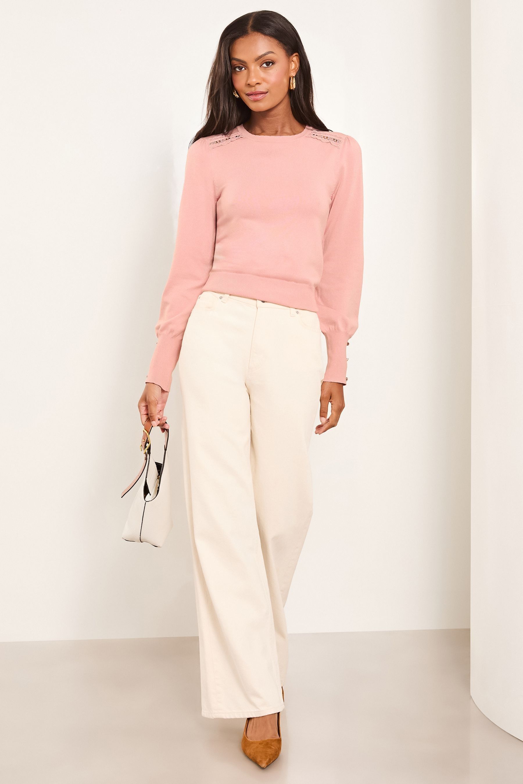Buy Lipsy Pink Lace Insert Scallop Knit Jumper from the Next UK online shop