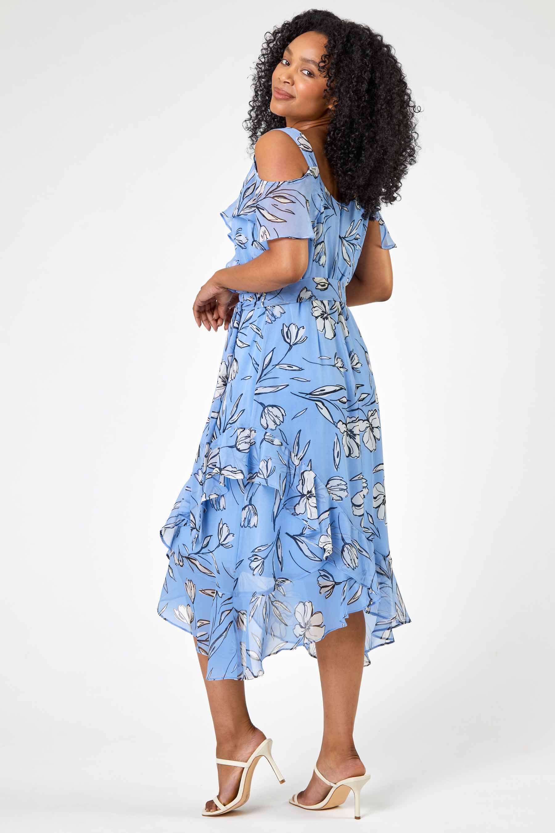 Roman Blue Petite Floral Print Cold Shoulder Midi Dress