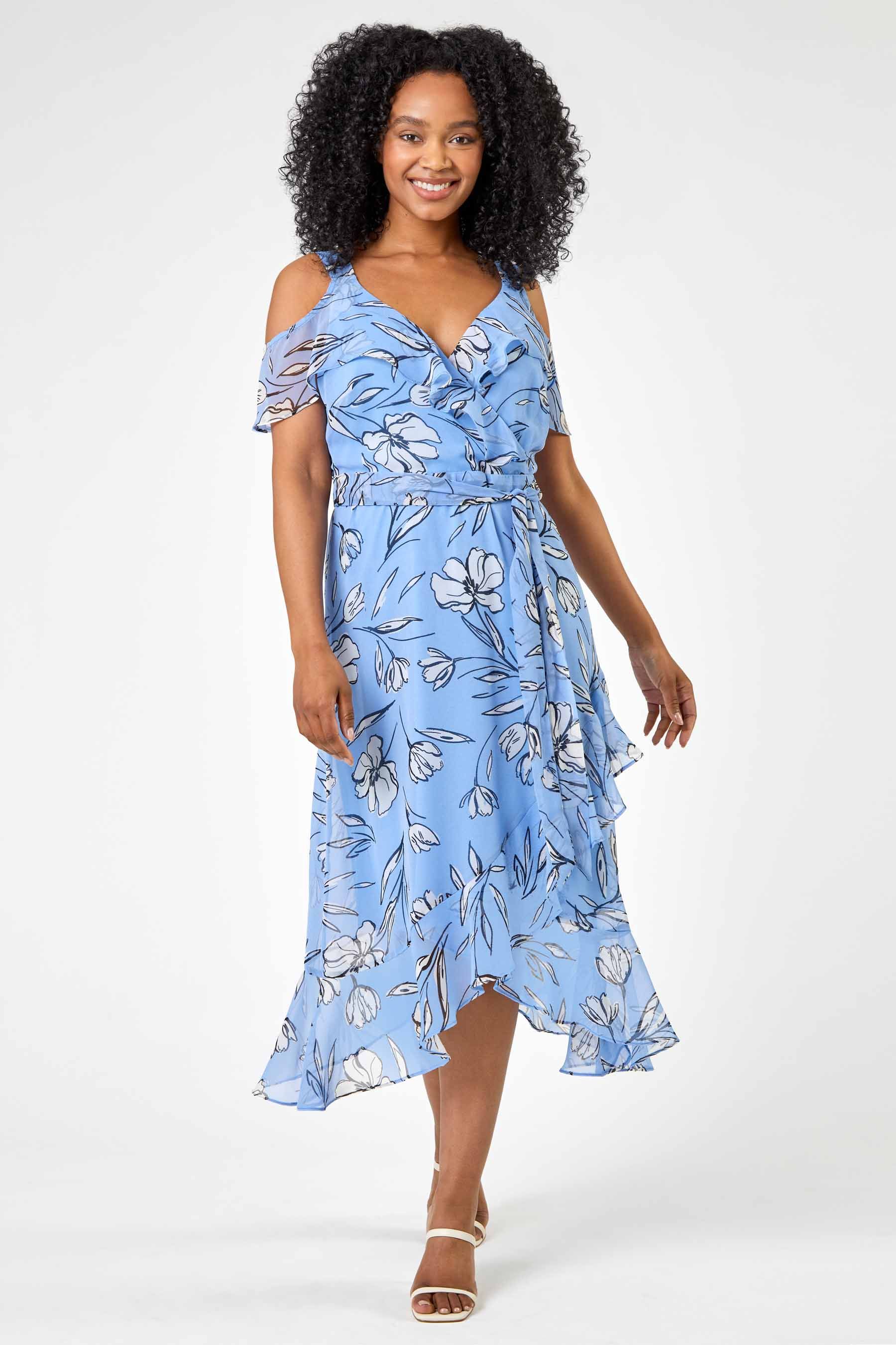 Buy Roman Blue Petite Floral Print Cold Shoulder Midi Dress from the Next UK online shop