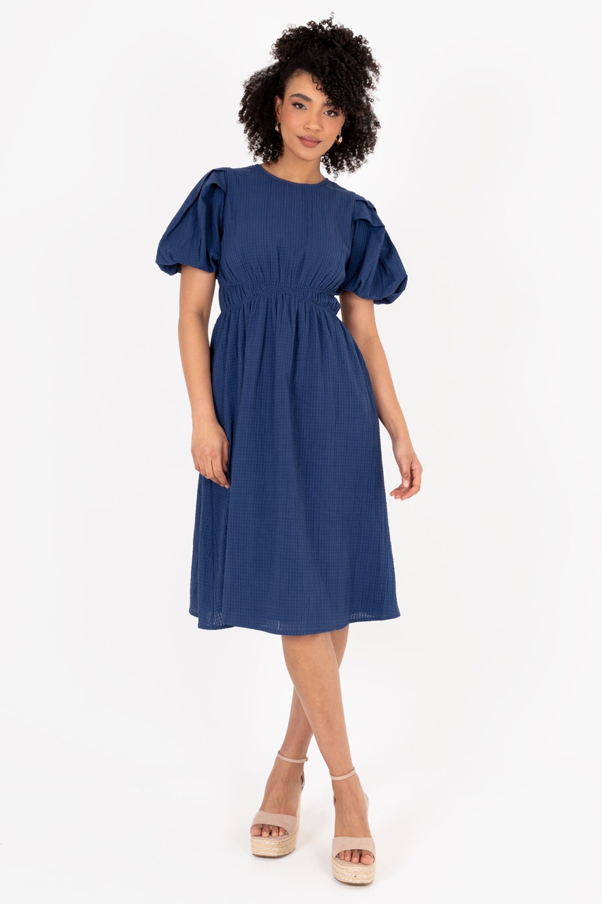 Cross Over Elasticated Detail Waist Textured Midi Dress - Image 1 of 5