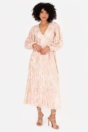 Lovedrobe Nude Long Sleeve Foiled Wrap Front Midaxi Dress - Image 1 of 6