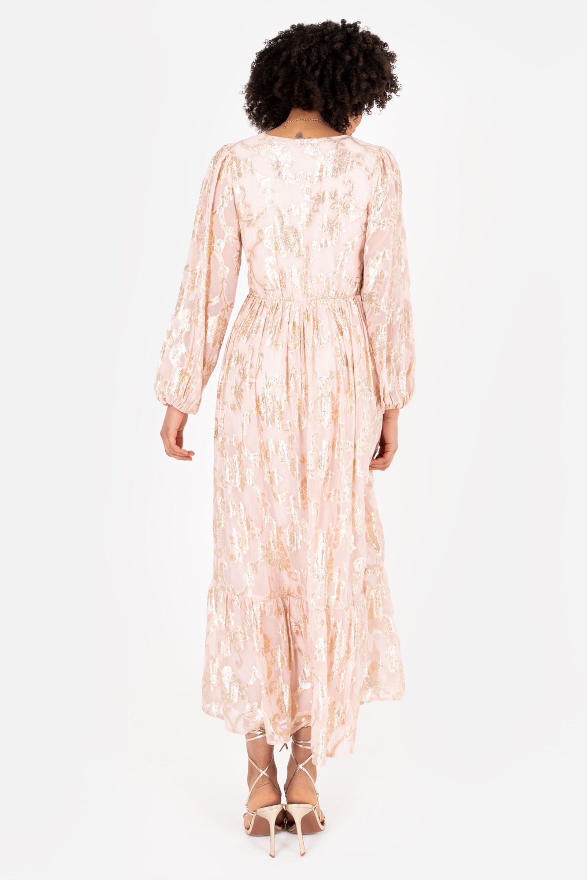Lovedrobe Nude Long Sleeve Foiled Wrap Front Midaxi Dress - Image 2 of 6