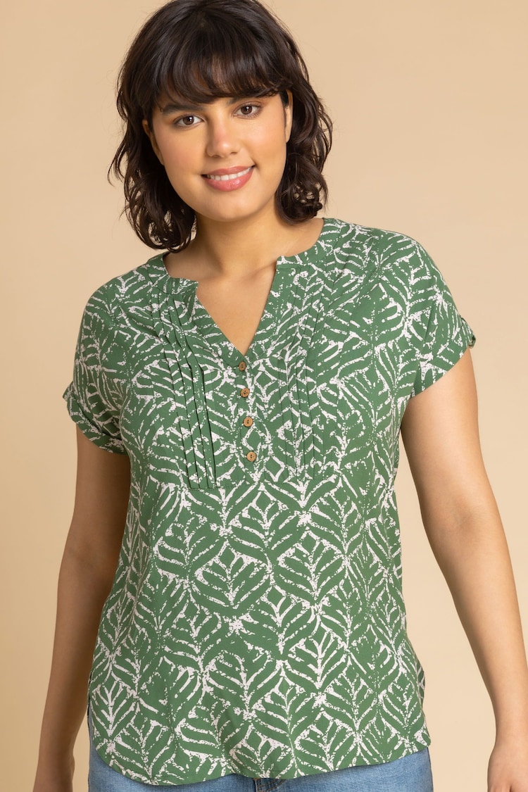 Roman Green Abstract Print Button Detail Top - Image 1 of 4