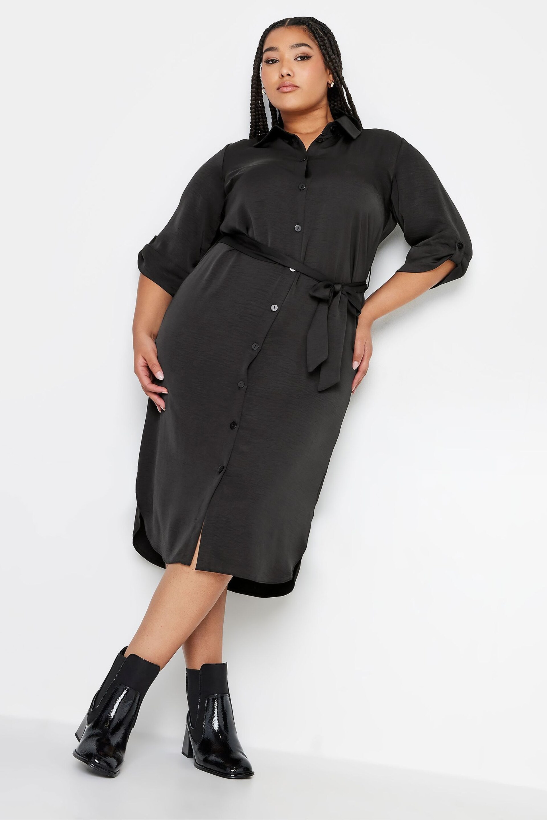 Yours Curve Black Tab 3/4 Sleeve Dress - Image 1 of 4