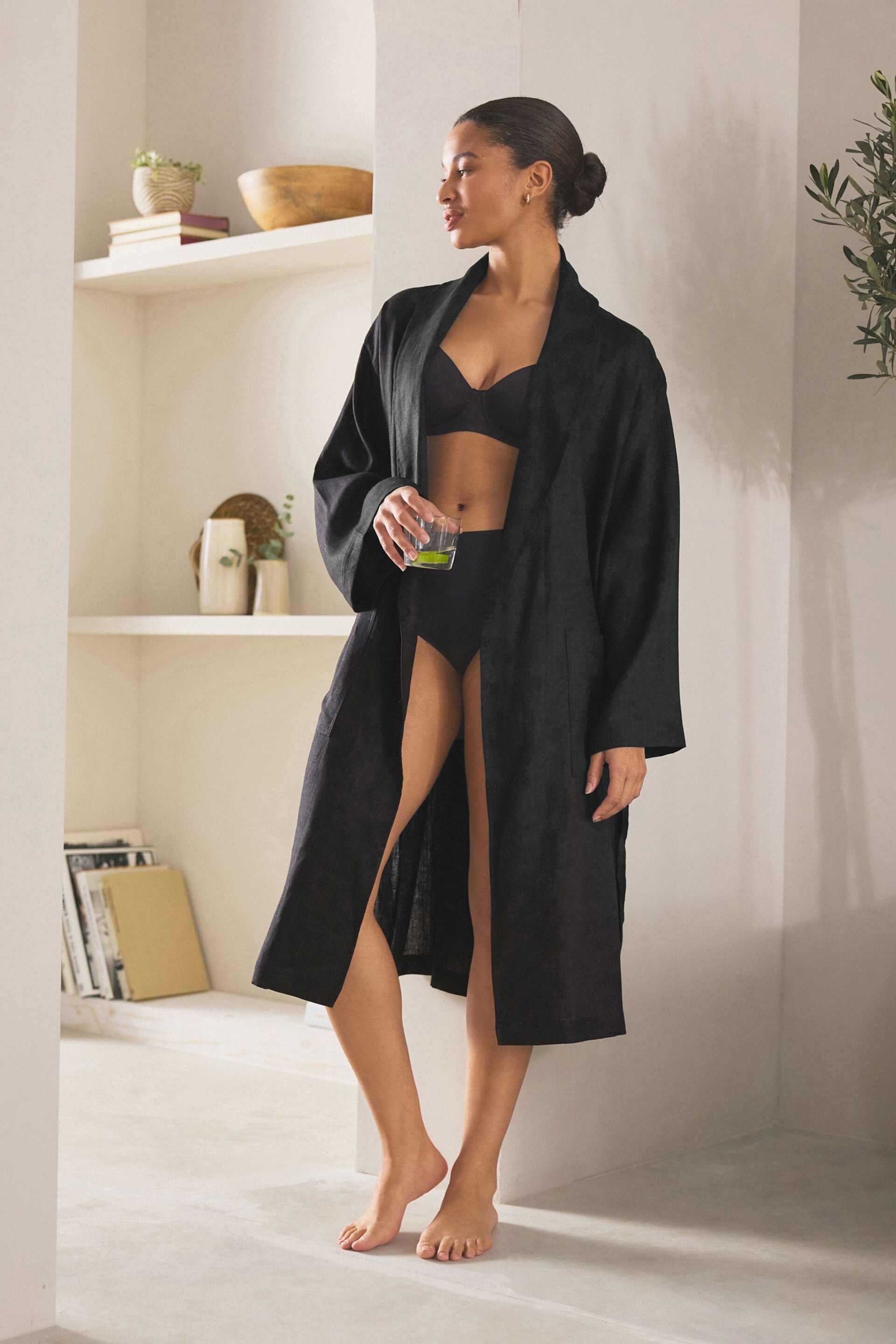 Black Linen Dressing Gown - Image 1 of 8
