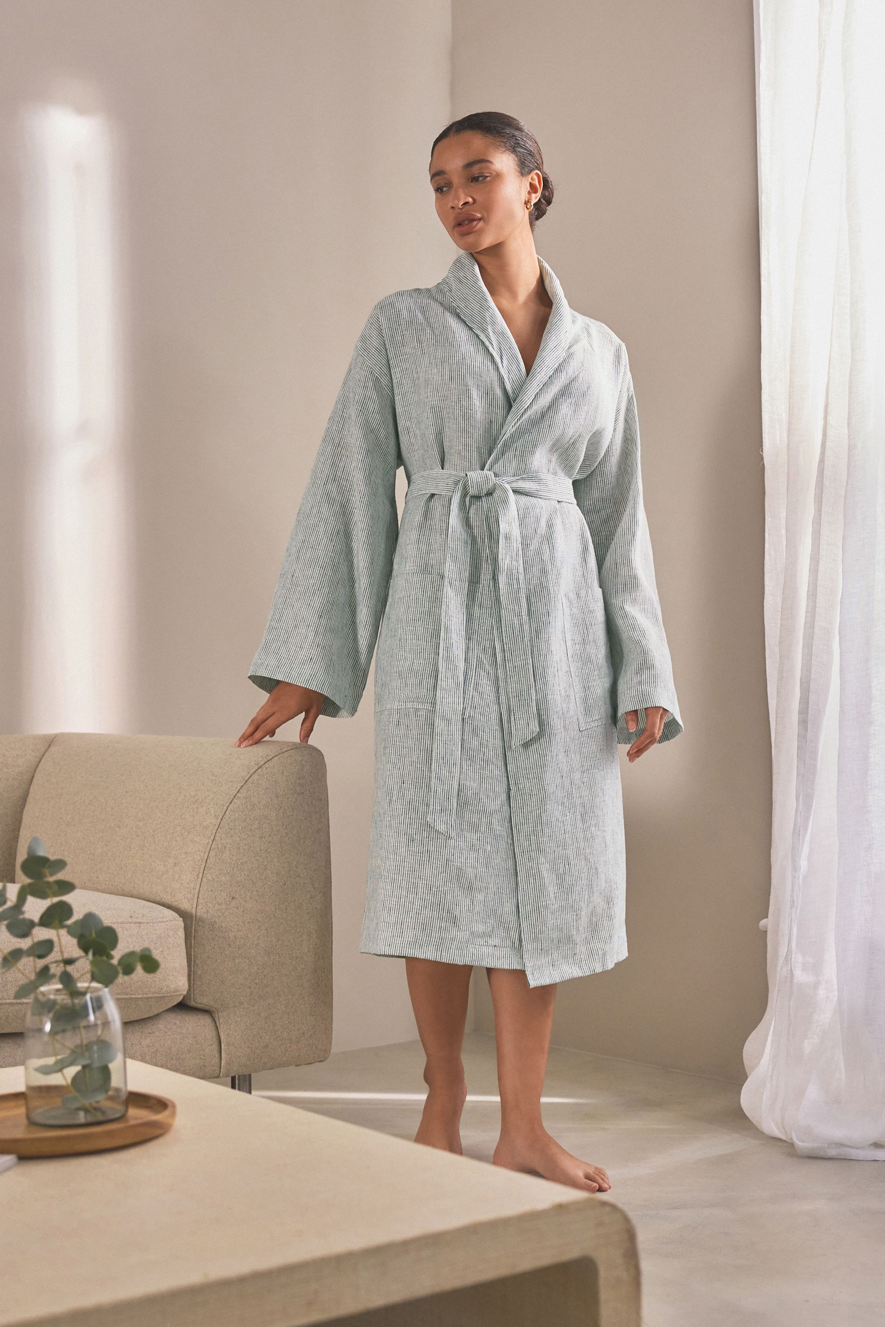 Buy Navy Stripe Linen Dressing Gown from Next Luxembourg