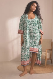 Green/Ecru Geo Print Linen Blend Lightweight Robe - Image 1 of 5
