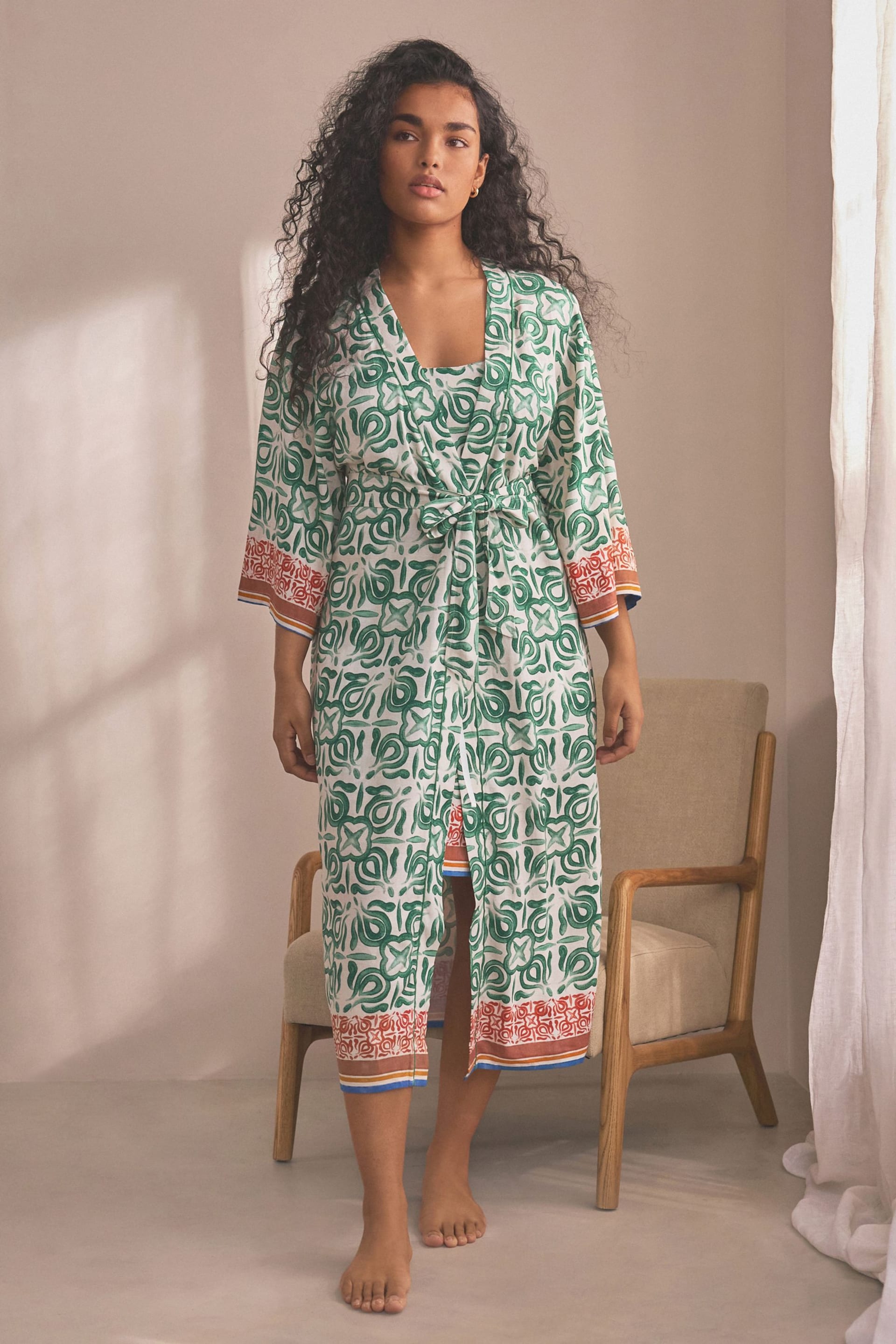 Green/Ecru Geo Print Linen Blend Lightweight Robe - Image 3 of 5