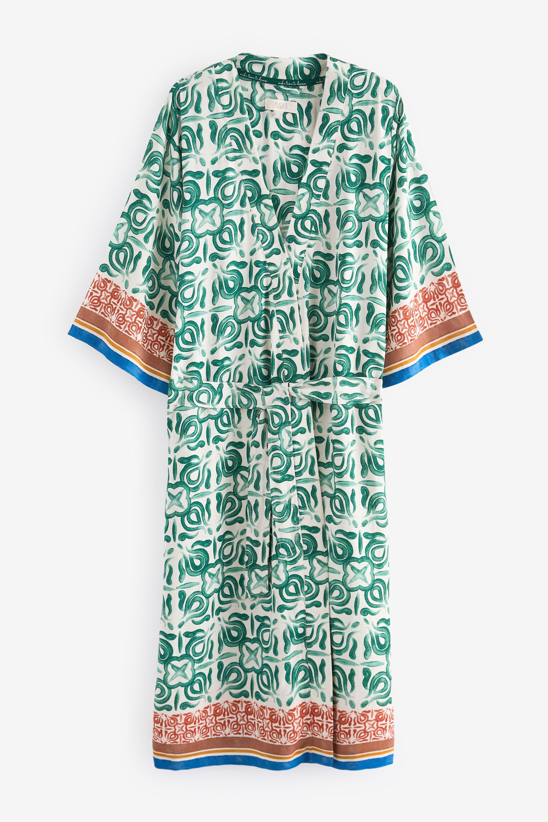 Green/Ecru Geo Print Linen Blend Lightweight Robe - Image 4 of 5