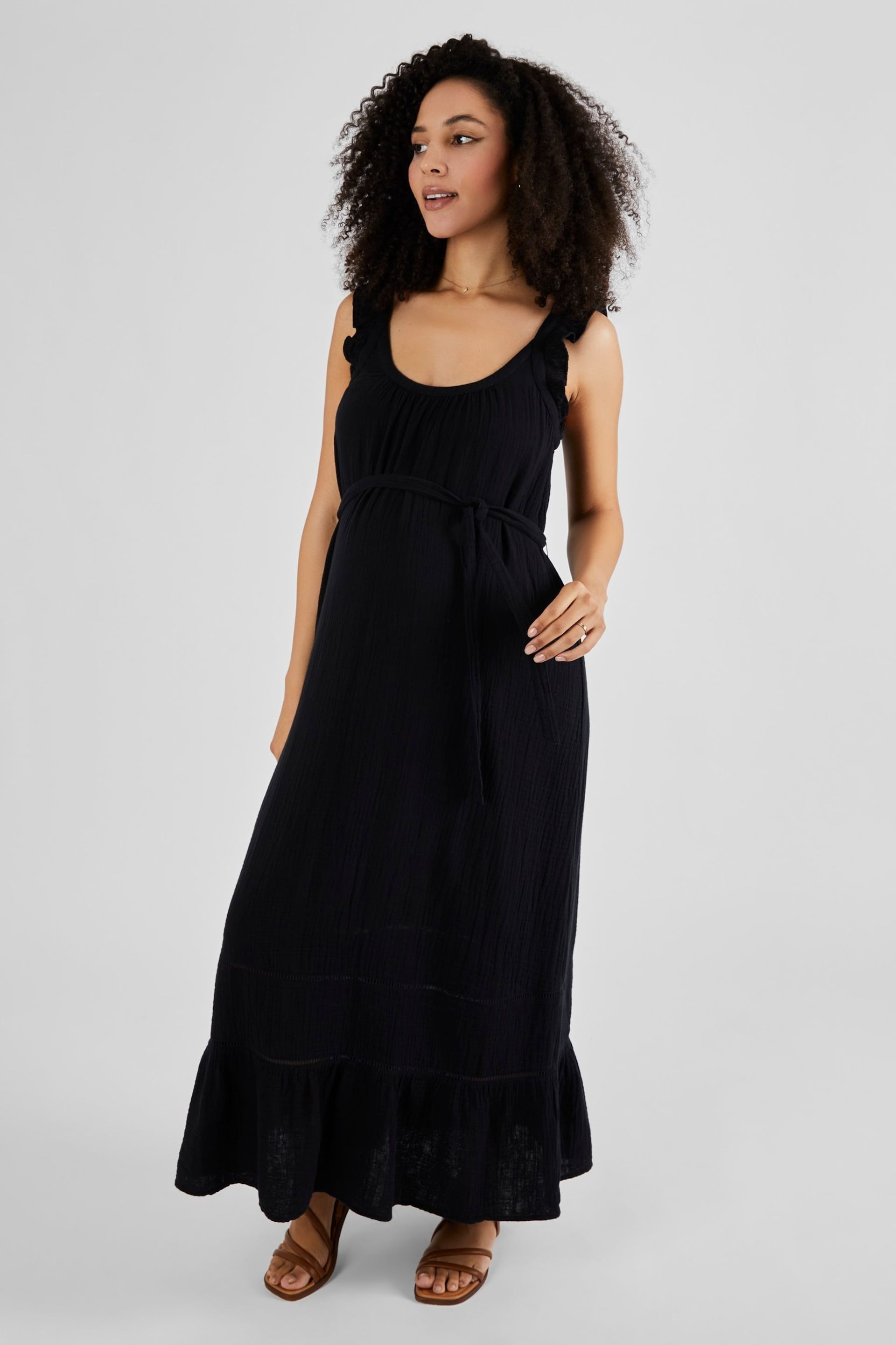 JoJo Maman Bébé Black Flutter Sleeve Maternity Maxi Dress - Image 1 of 4