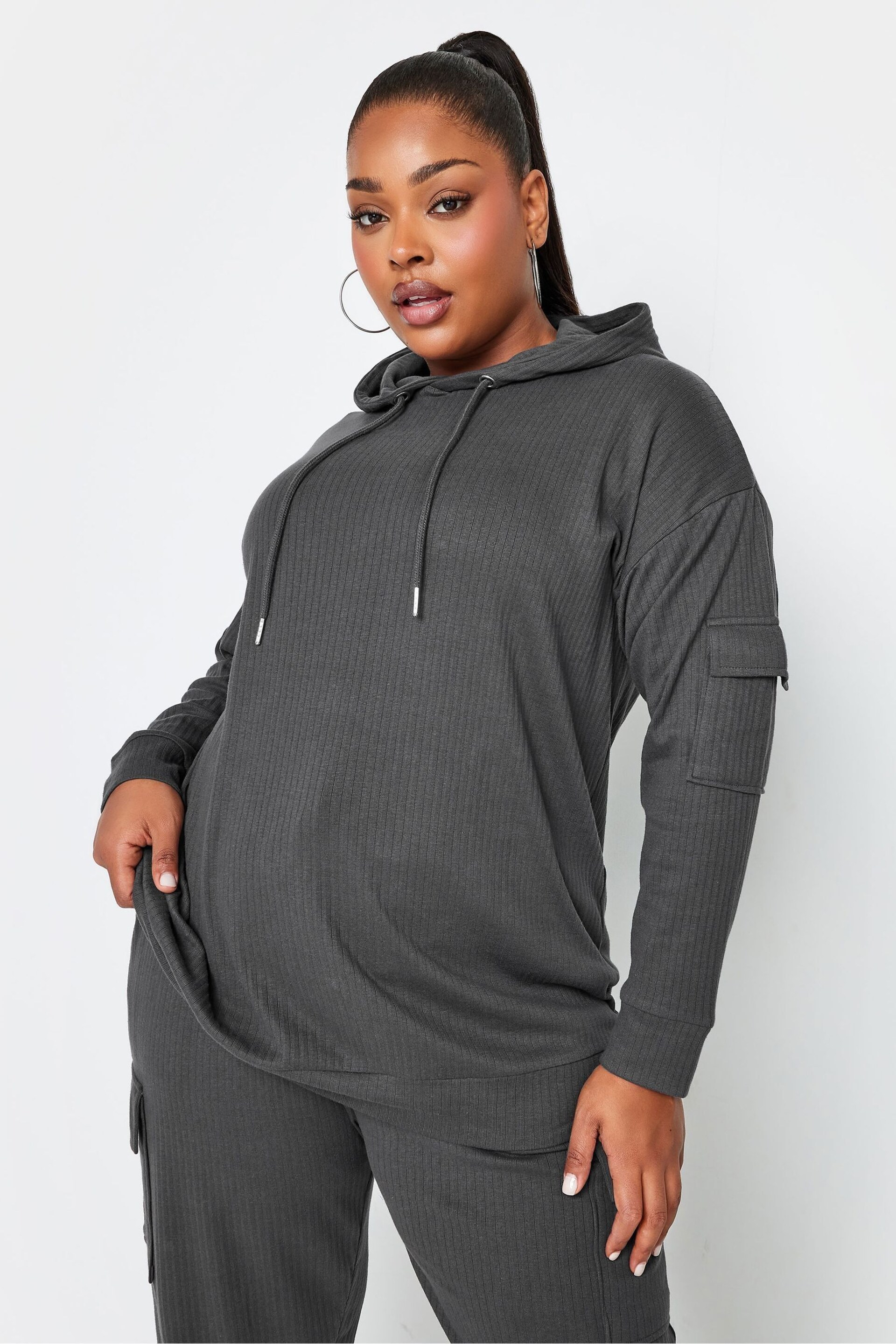 Yours Curve Grey Ribbed Cargo Hoodie - Image 1 of 4