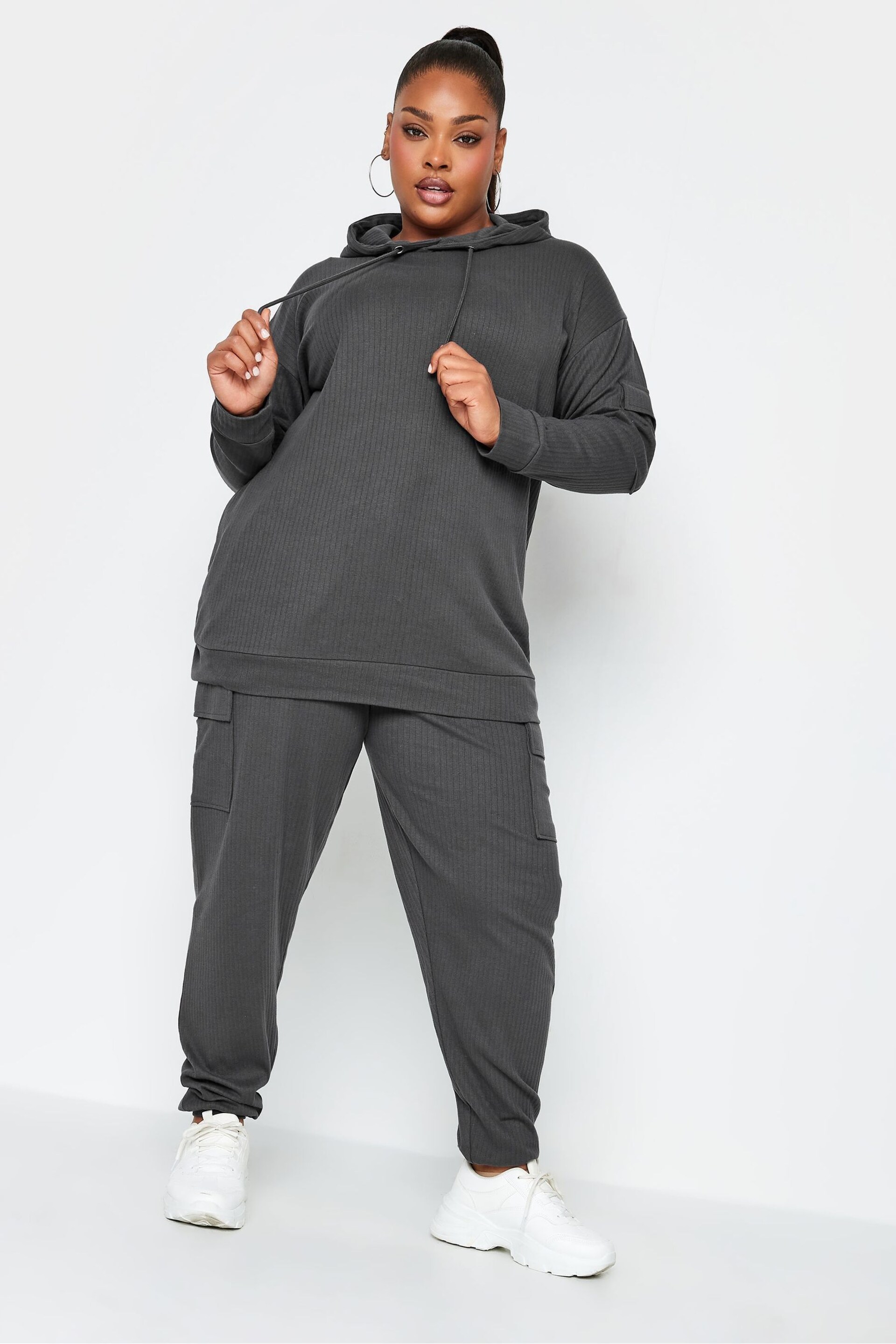 Yours Curve Grey Ribbed Cargo Hoodie - Image 3 of 4