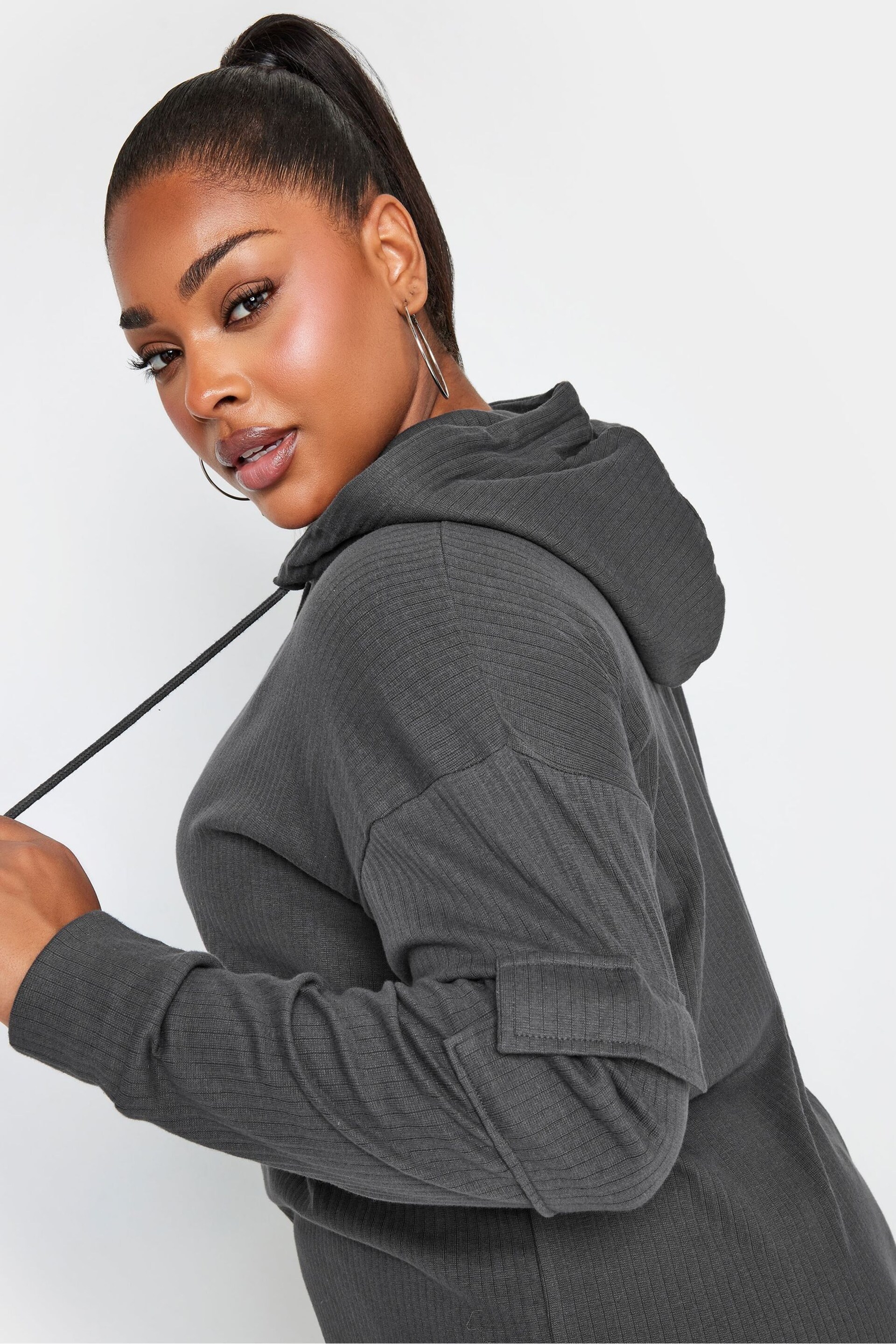 Yours Curve Grey Ribbed Cargo Hoodie - Image 4 of 4