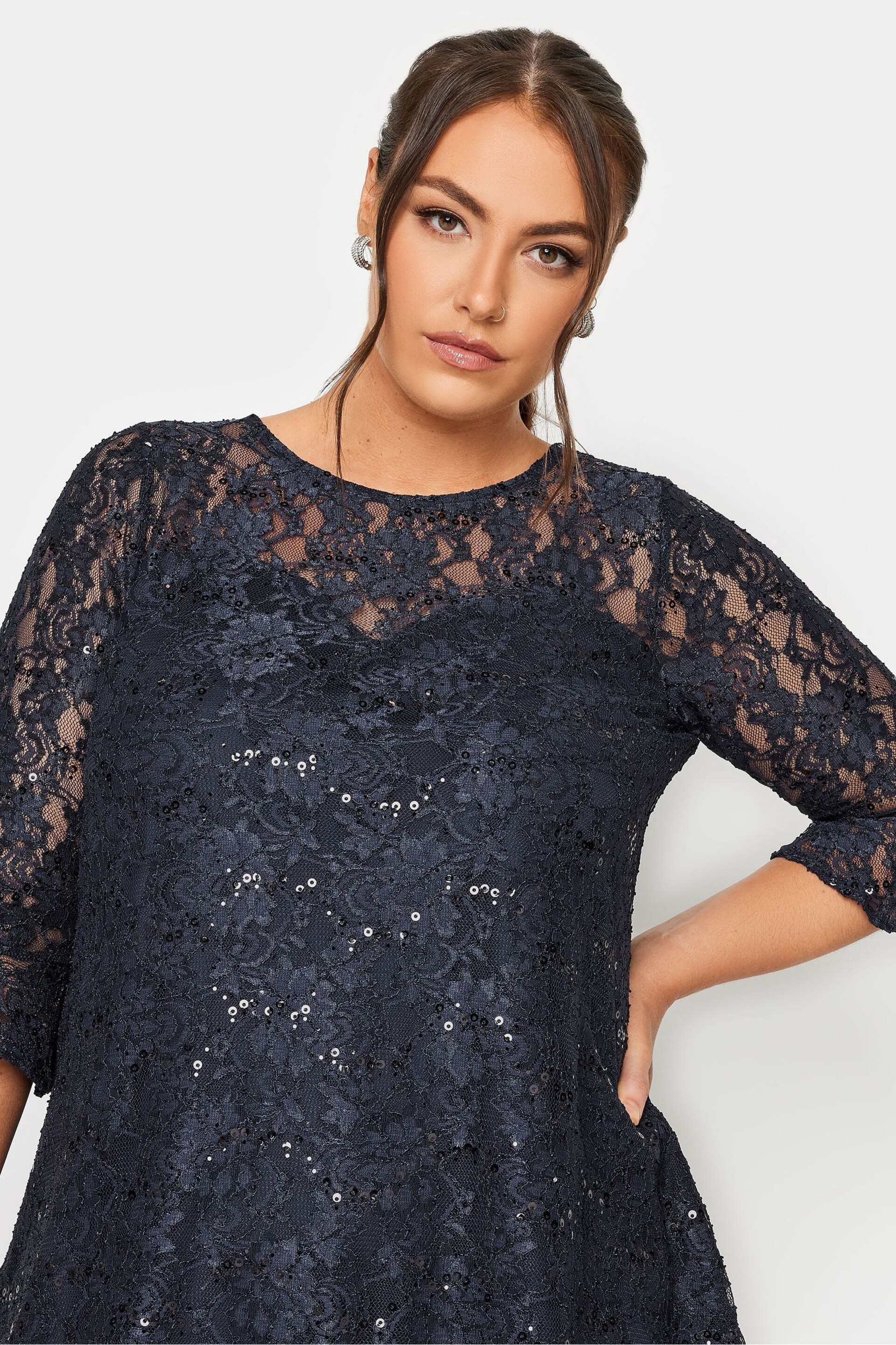 Yours Curve Blue Sweetheart Neck Lace Party Swing Top - Image 4 of 4