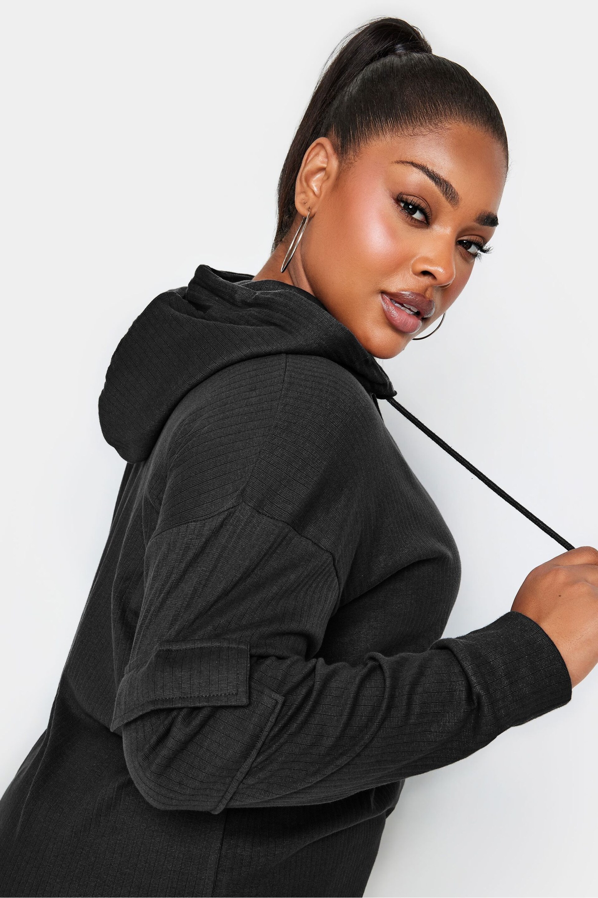 Yours Curve Black Ribbed Cargo Hoodie - Image 4 of 4
