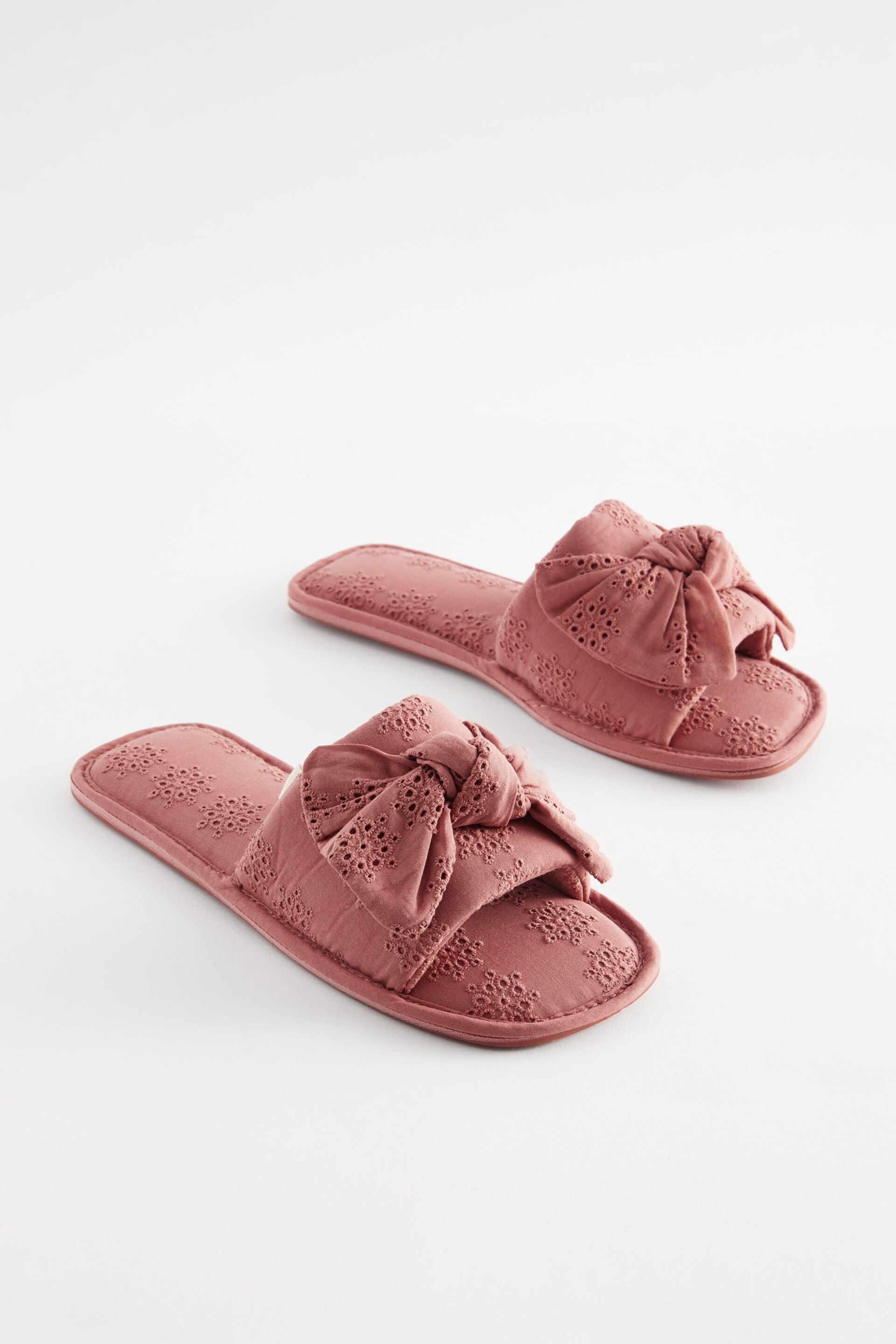 Pink Broderie Bow Slider Slippers - Image 3 of 7