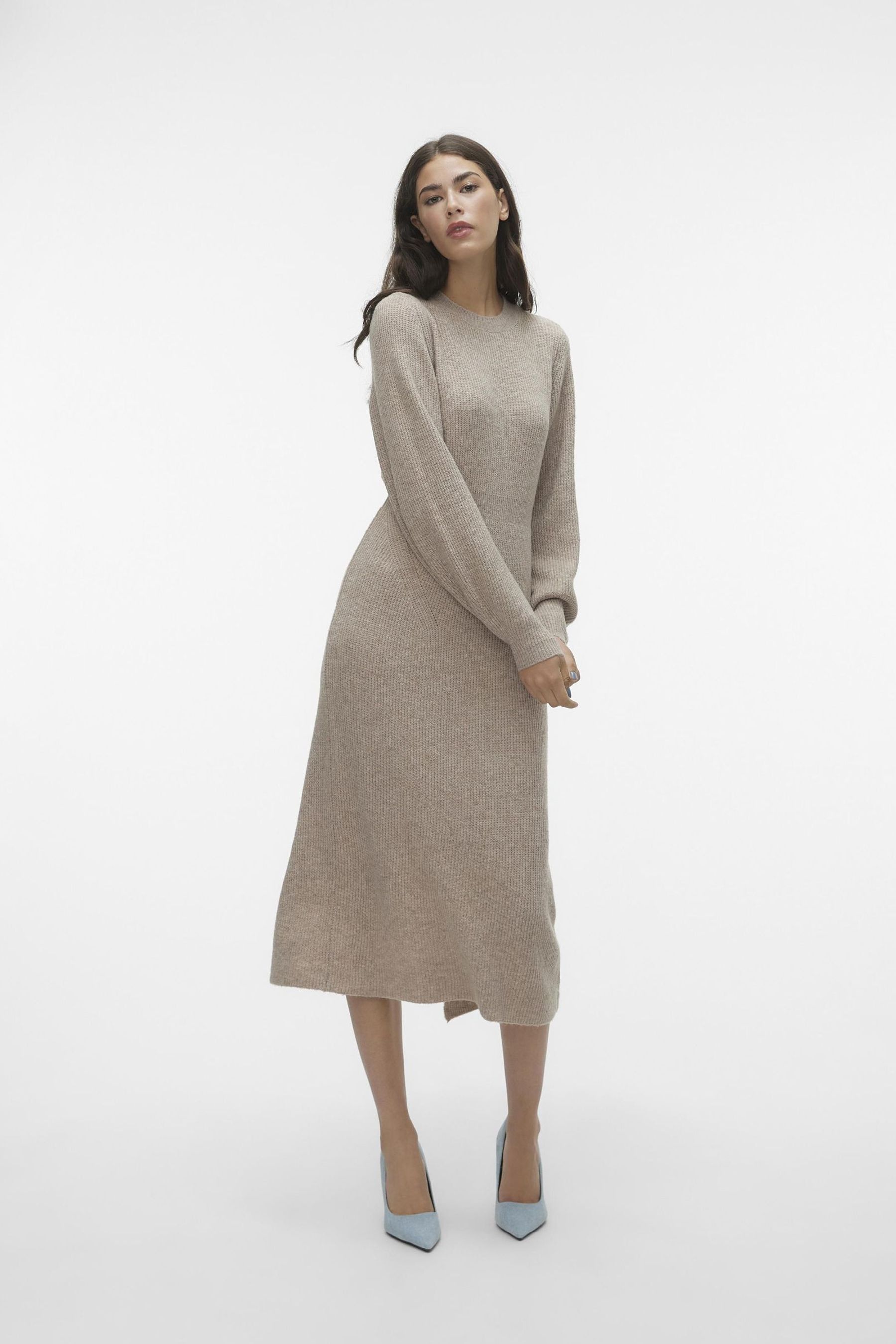 Buy VERO MODA Natural Waisted Long Sleeve Midi Knitted Jumper Dress from Next Luxembourg