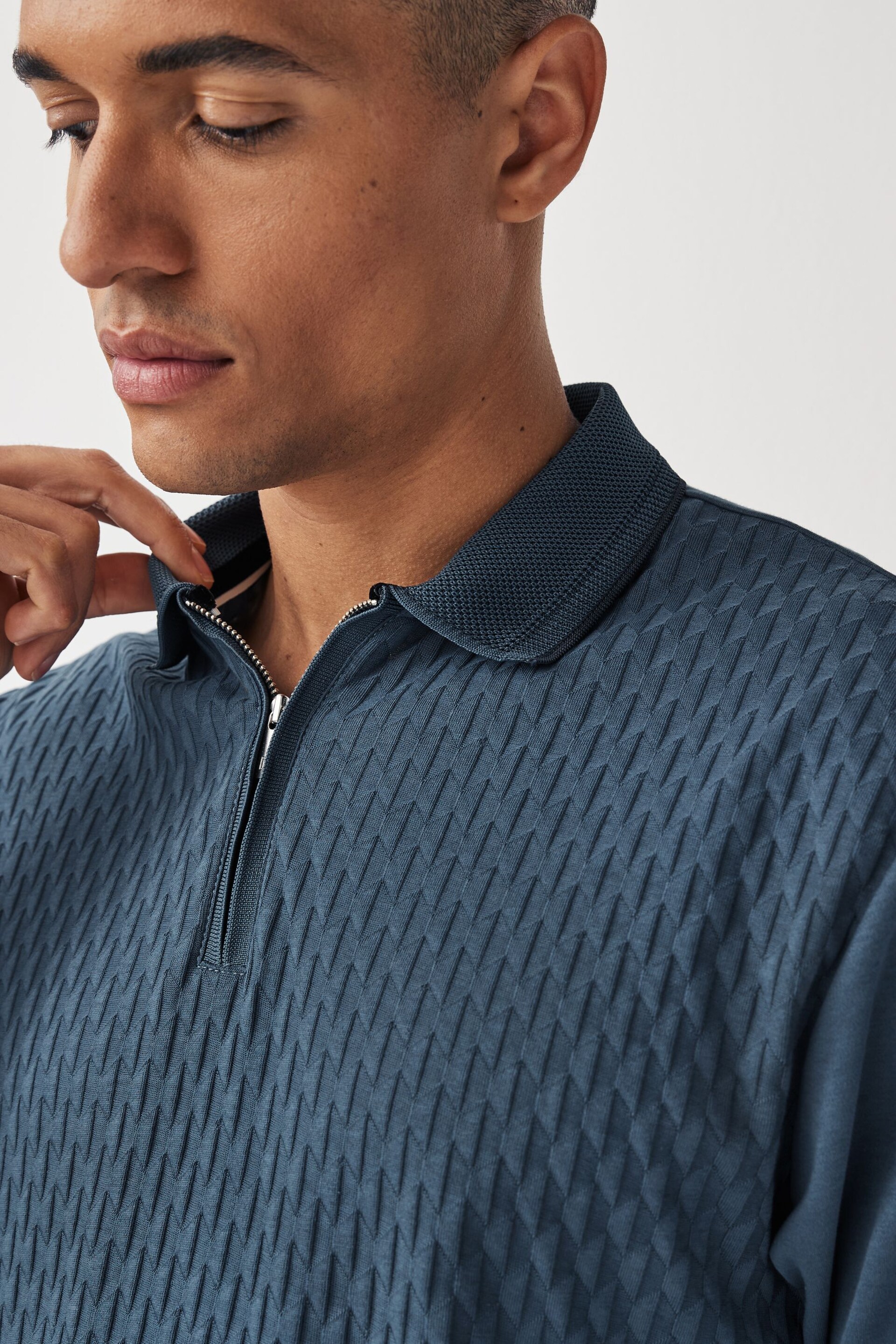 Blue Textured Polo Shirt - Image 1 of 8