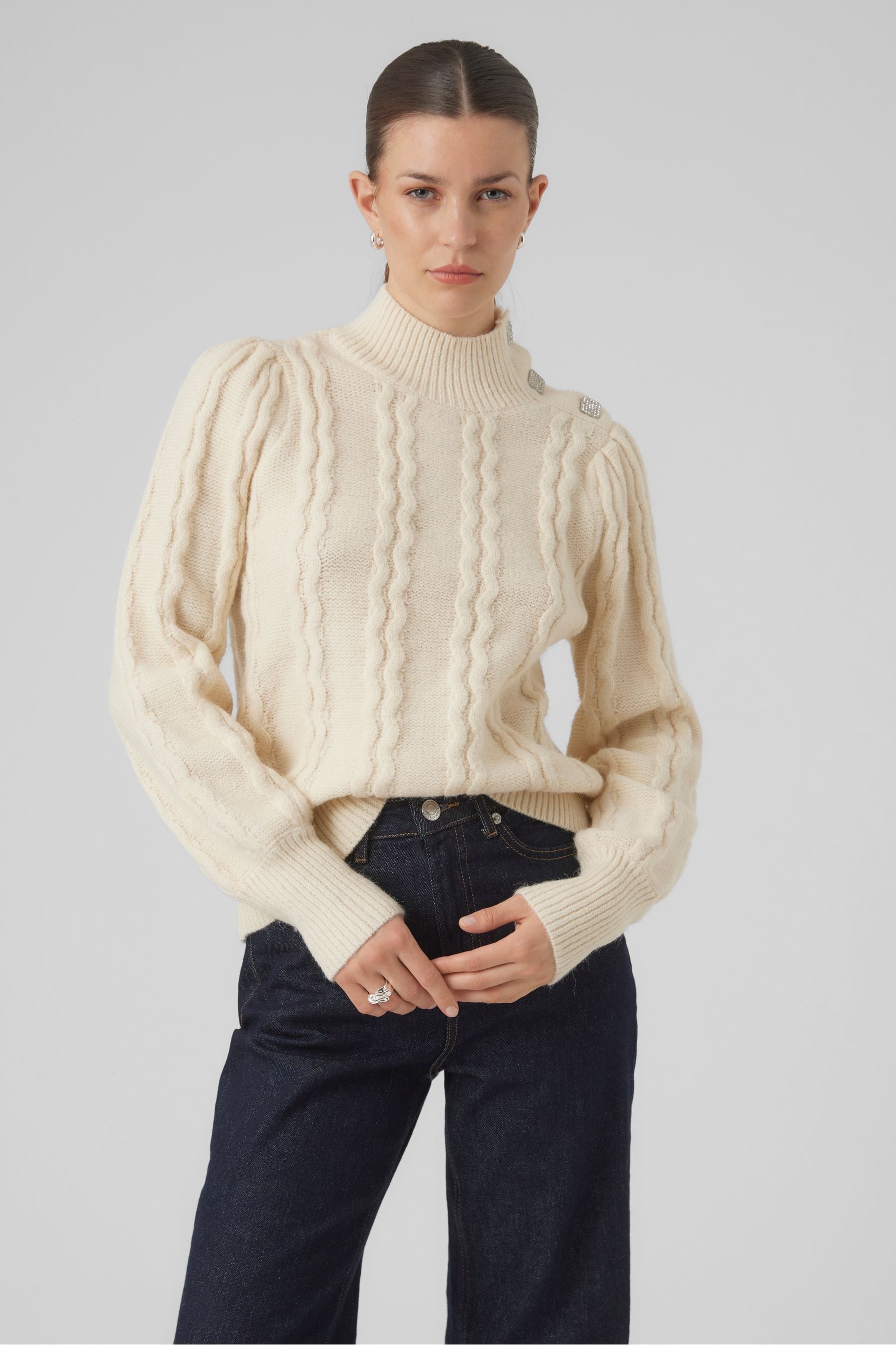 Buy VERO MODA Cream High Neck Cable Knit Jumper with Diamante Buttons from Next Luxembourg