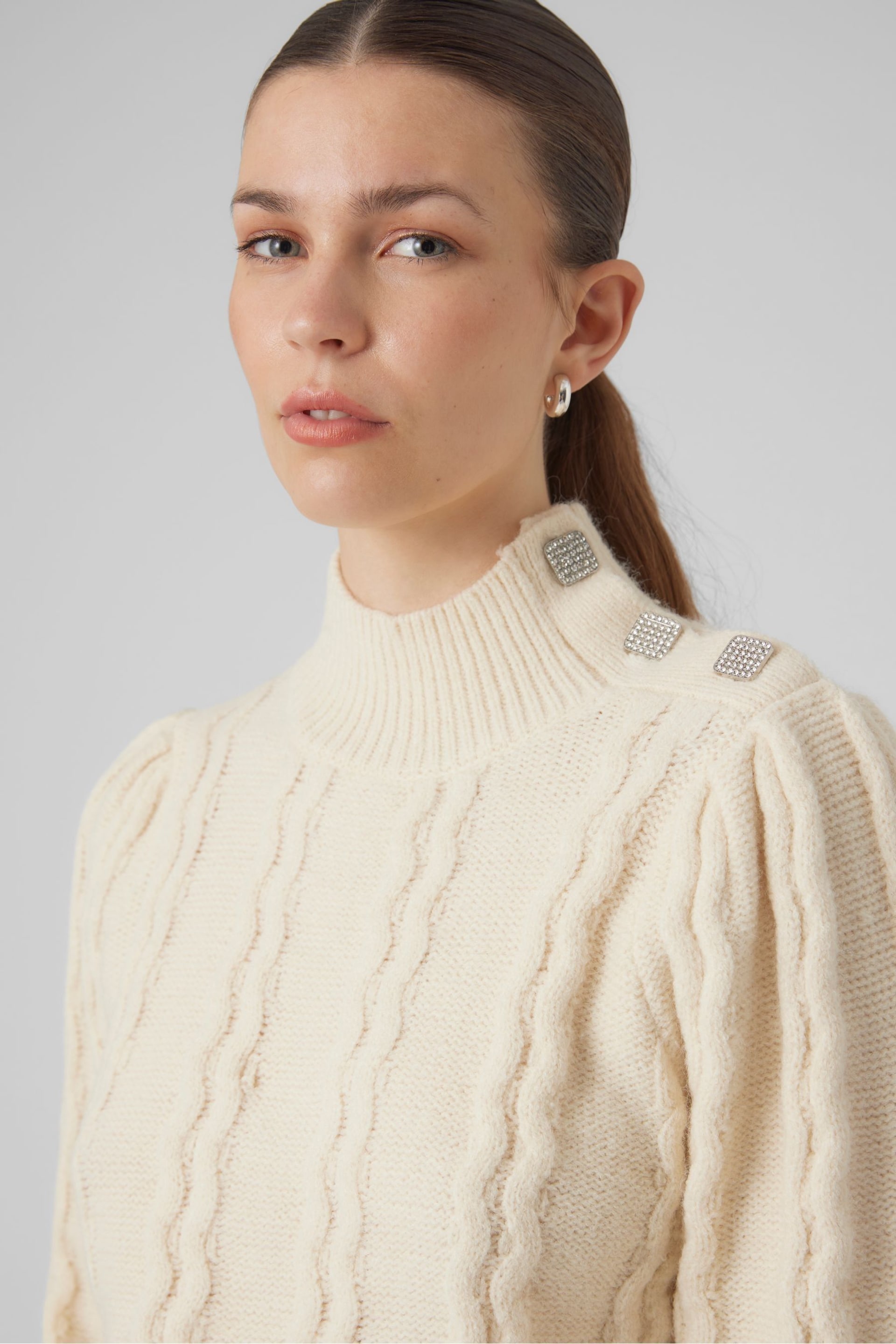 VERO MODA Cream High Neck Cable Knit Jumper with Diamante Buttons - Image 1 of 5