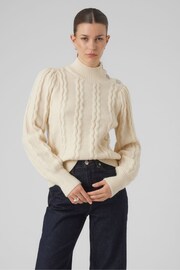 VERO MODA Cream High Neck Cable Knit Jumper with Diamante Buttons - Image 2 of 5