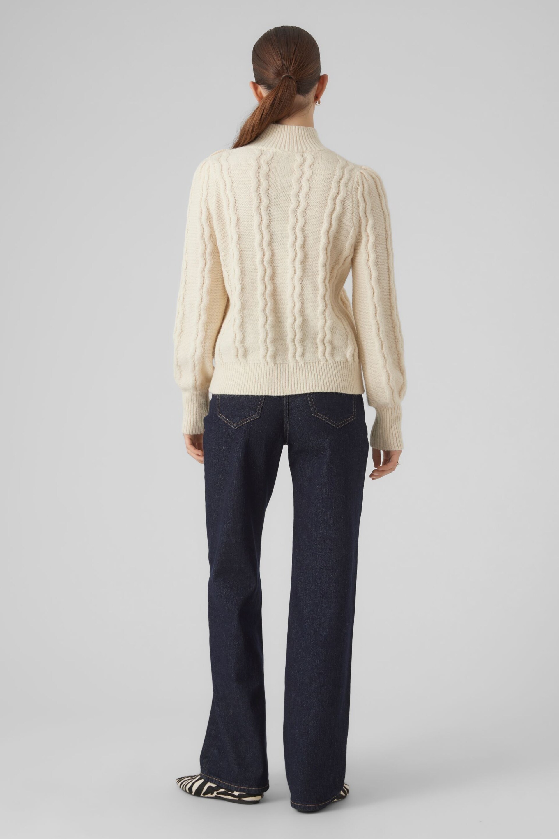 VERO MODA Cream High Neck Cable Knit Jumper with Diamante Buttons - Image 3 of 5