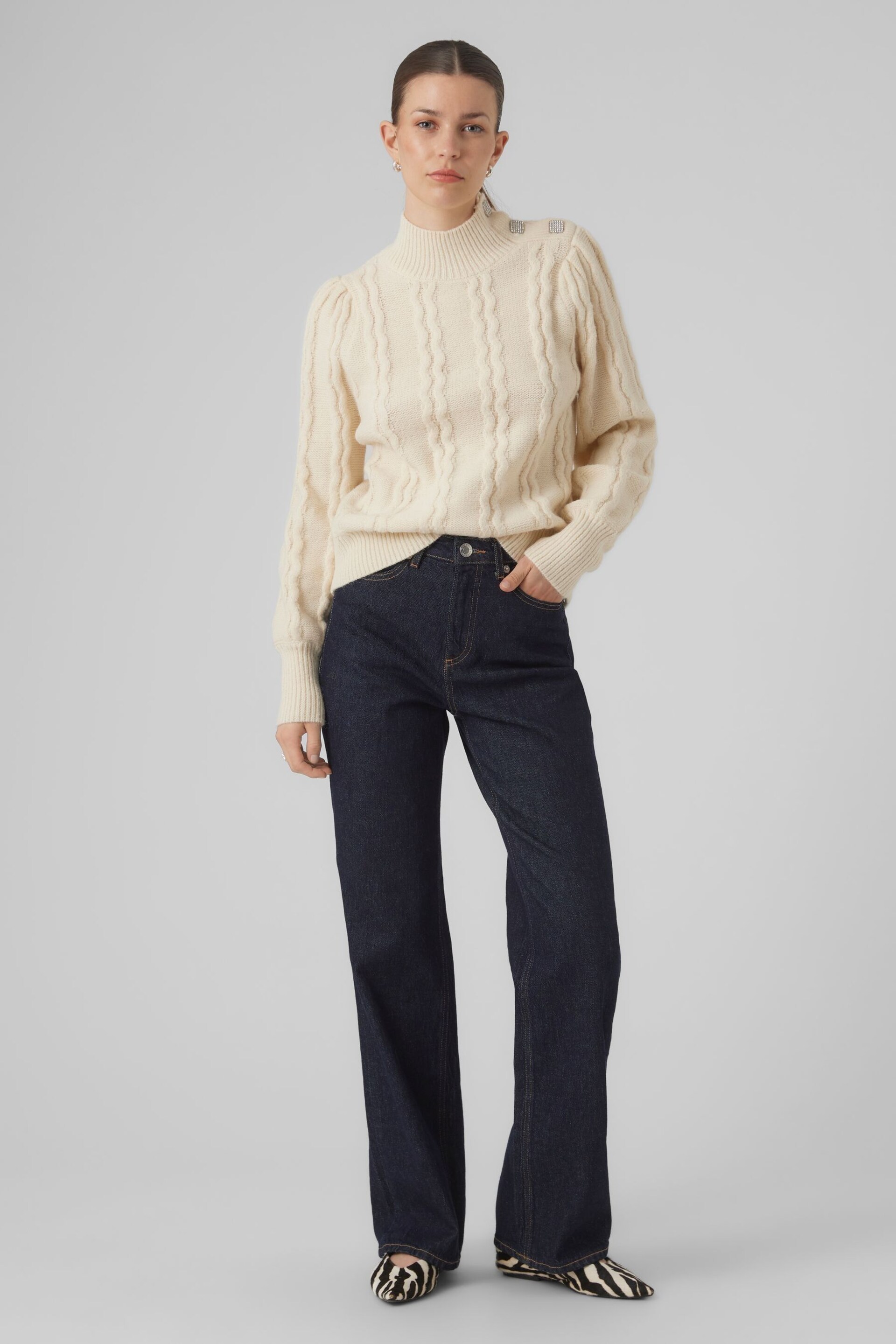 VERO MODA Cream High Neck Cable Knit Jumper with Diamante Buttons - Image 4 of 5