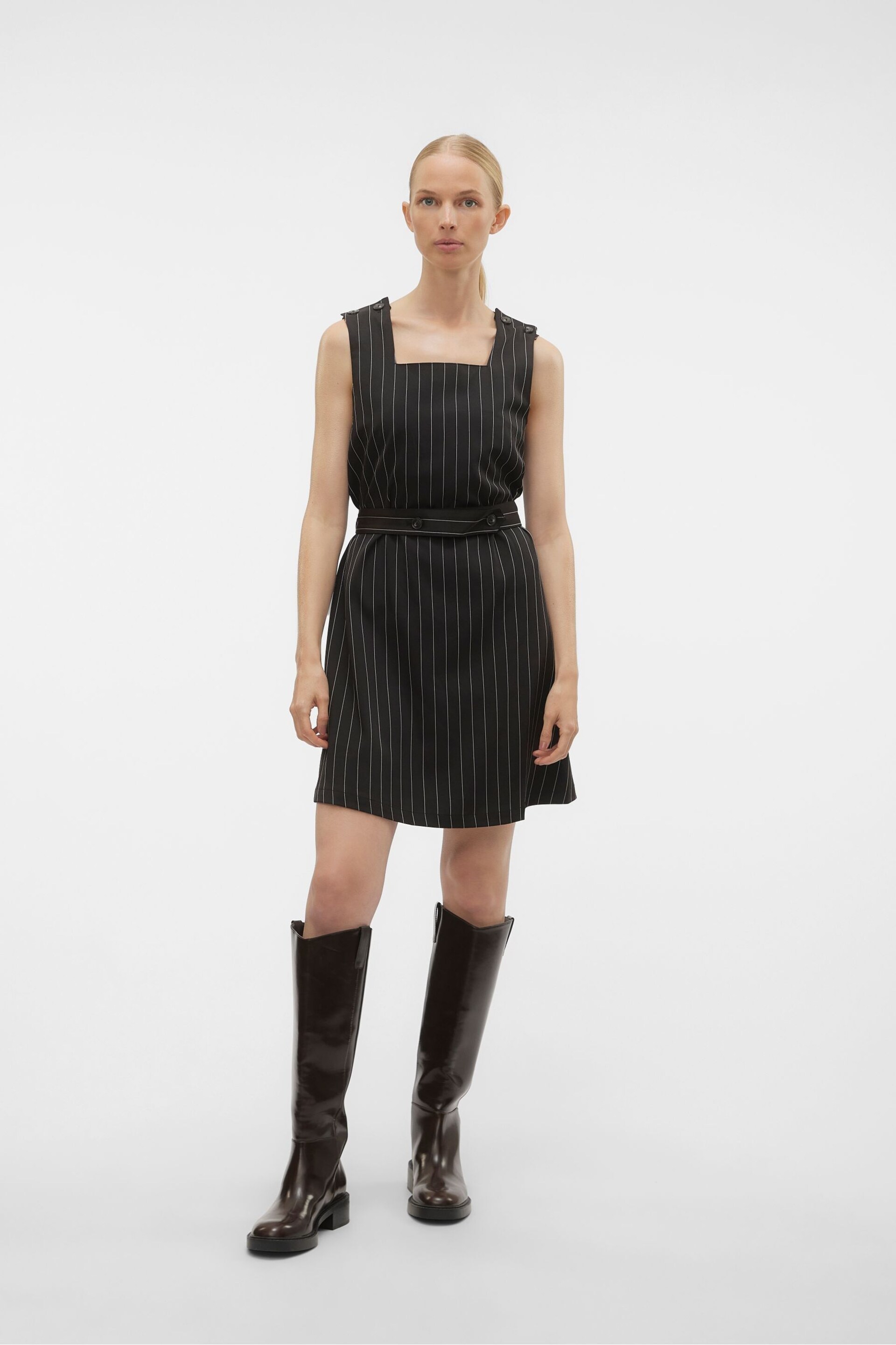 VERO MODA Black Pinstripe Pinafore Belted Tailored Mini Dress - Image 2 of 7