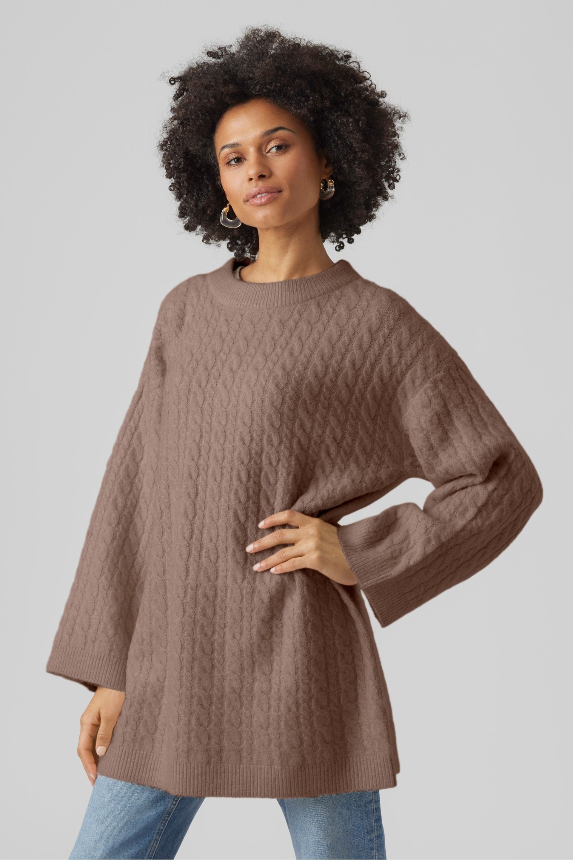 VERO MODA Brown Longline Cable Knit Cosy Tunic Jumper - Image 1 of 5