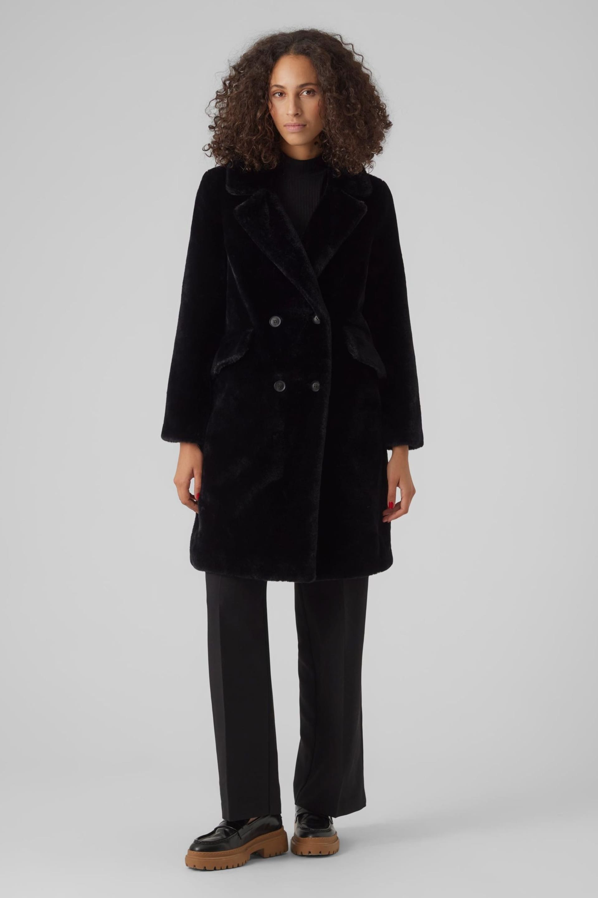 VERO MODA Black Longline Button Up Faux Fur Coat - Image 1 of 5