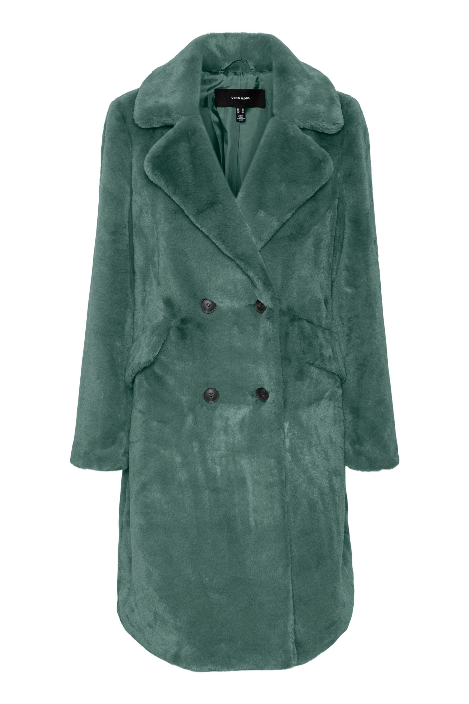 VERO MODA Green Longline Button Up Faux Fur Coat - Image 1 of 1