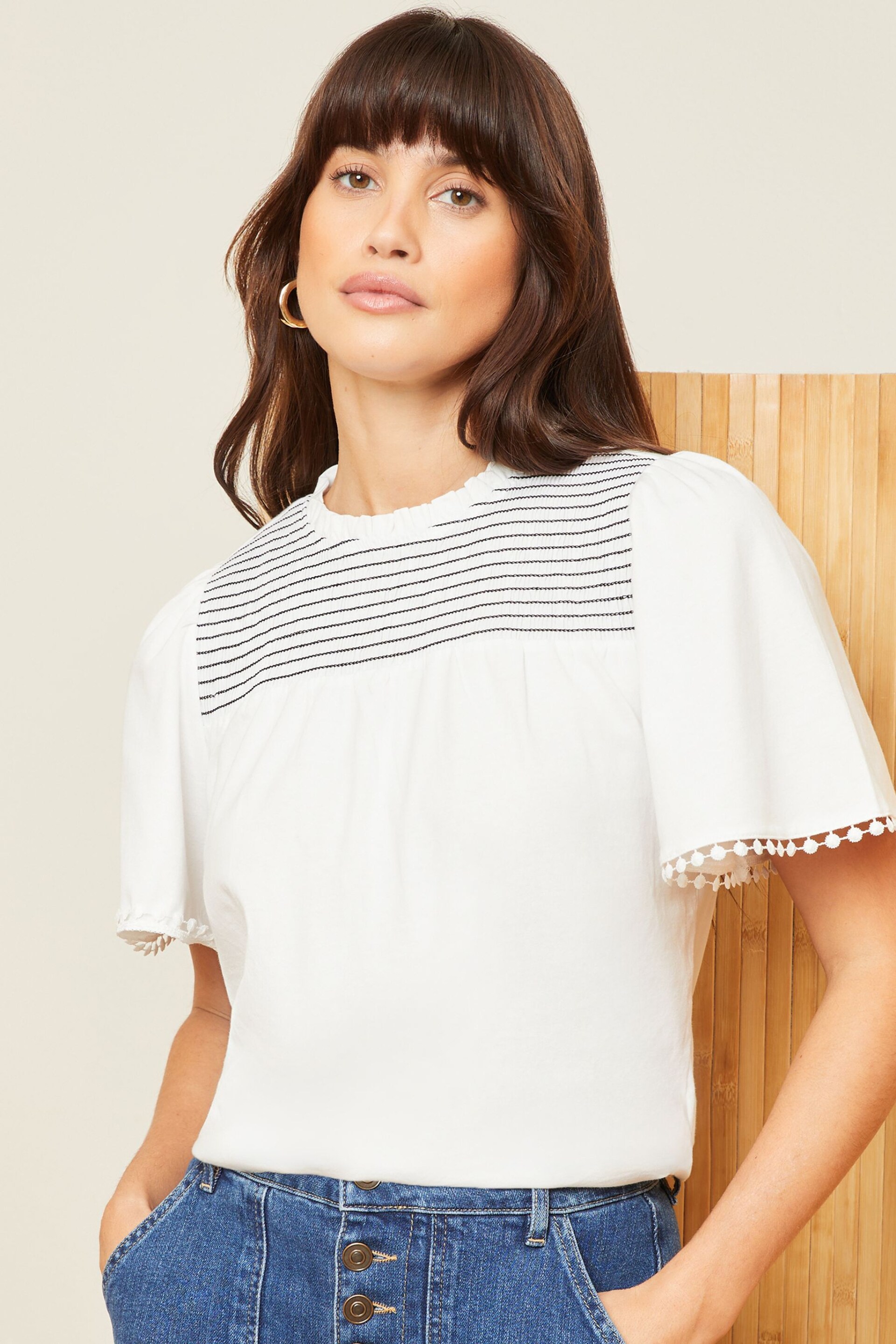 Love & Roses Ivory White Shirred Yoke Flutter Sleeve Jersey Top - Image 1 of 4