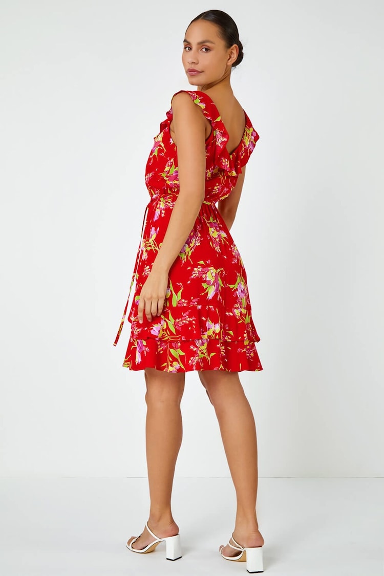 Dusk Red Floral Frill Detail Fit & Flare Dress - Image 2 of 4