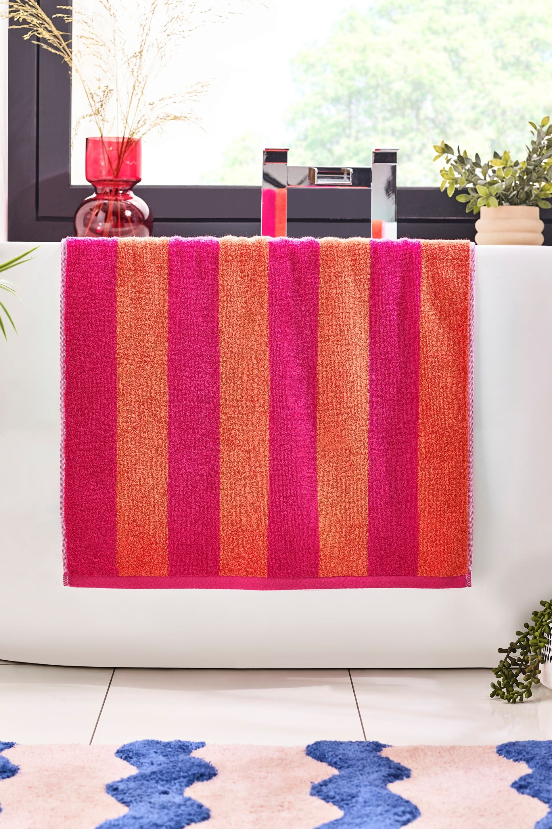 Pink/Orange Bright Block Stripe 100% Cotton Towel - Image 2 of 5