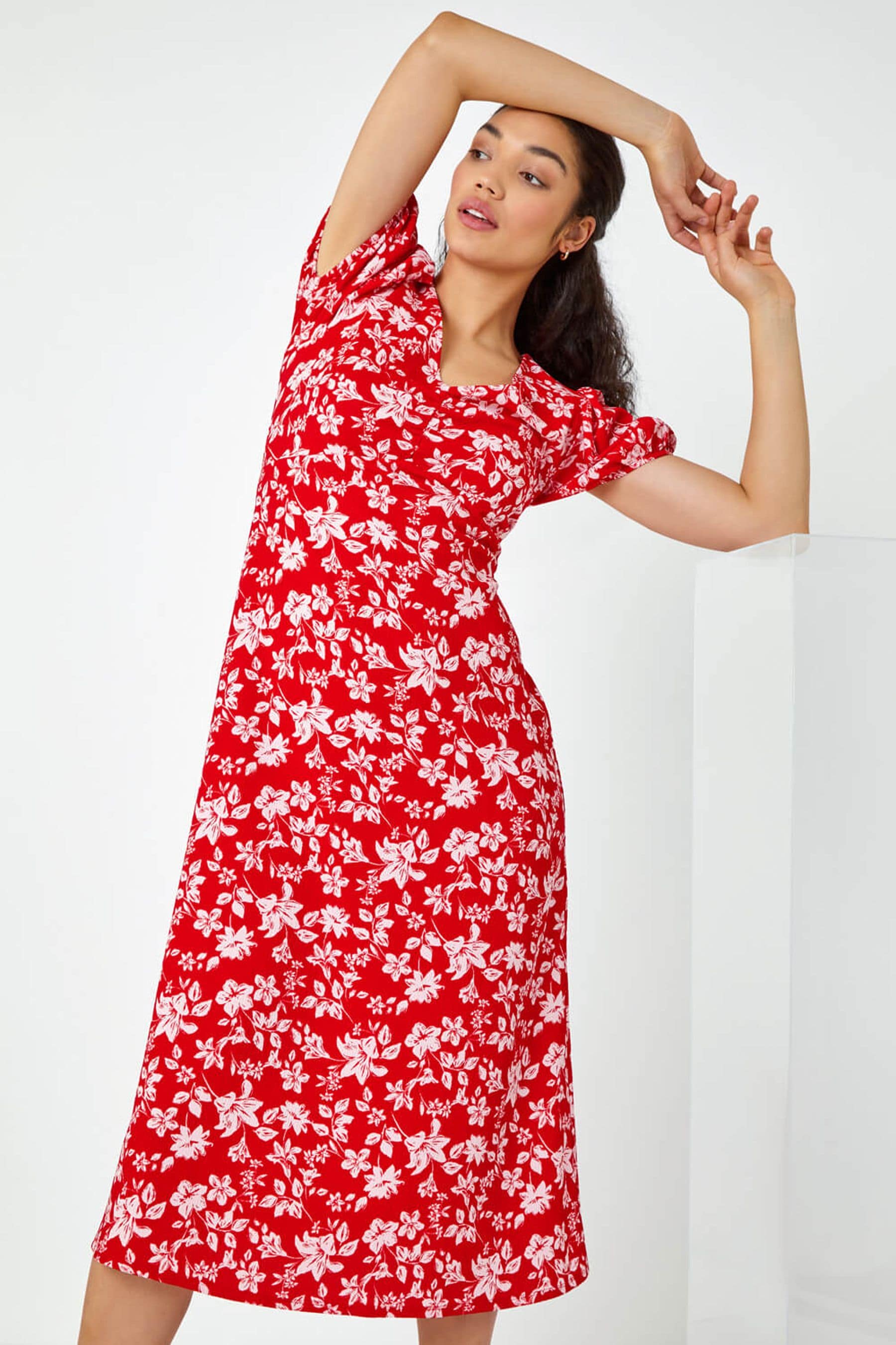 Red midi dress floral store