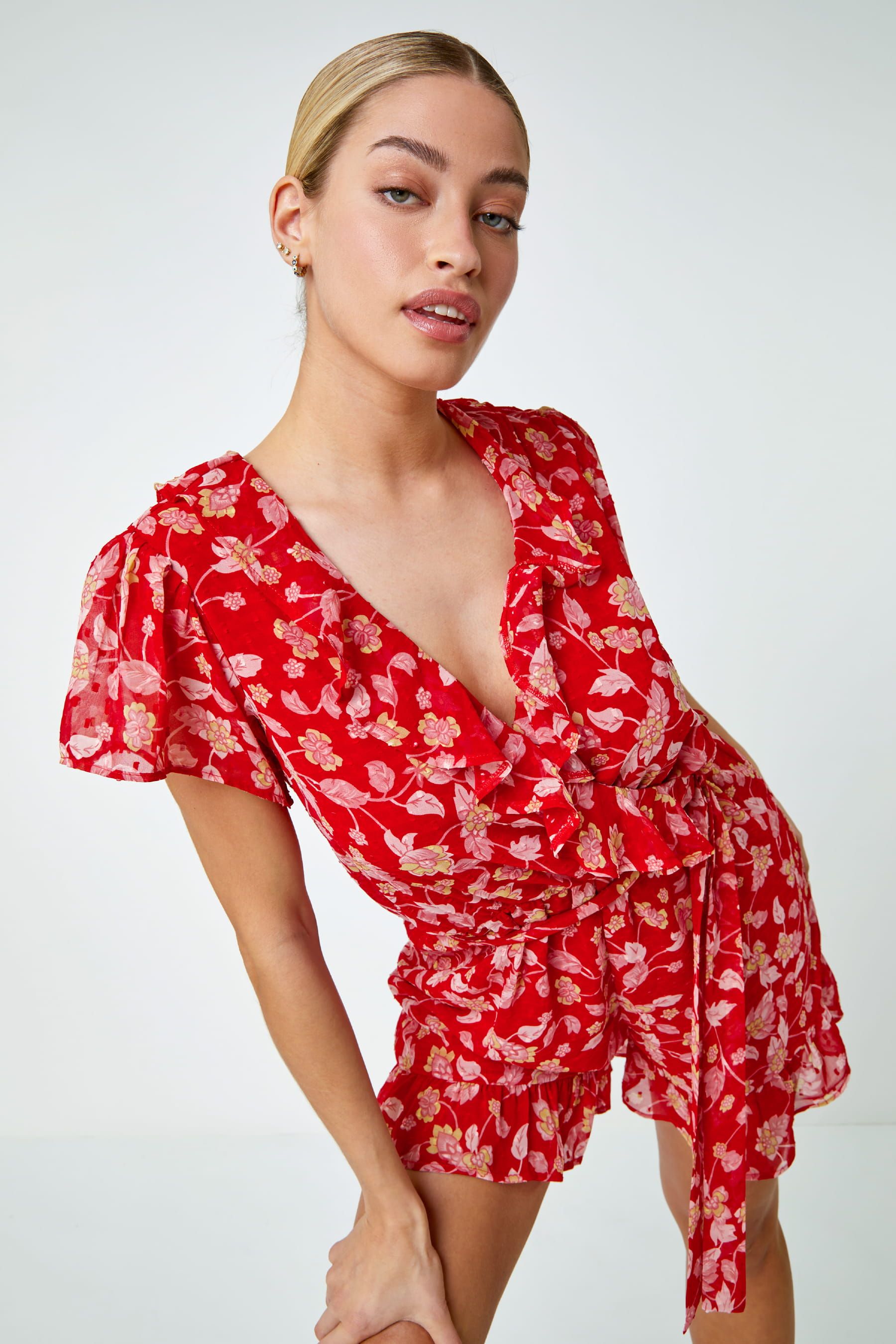 Buy Dusk Red Floral Frill Wrap Playsuit from the Next UK online shop