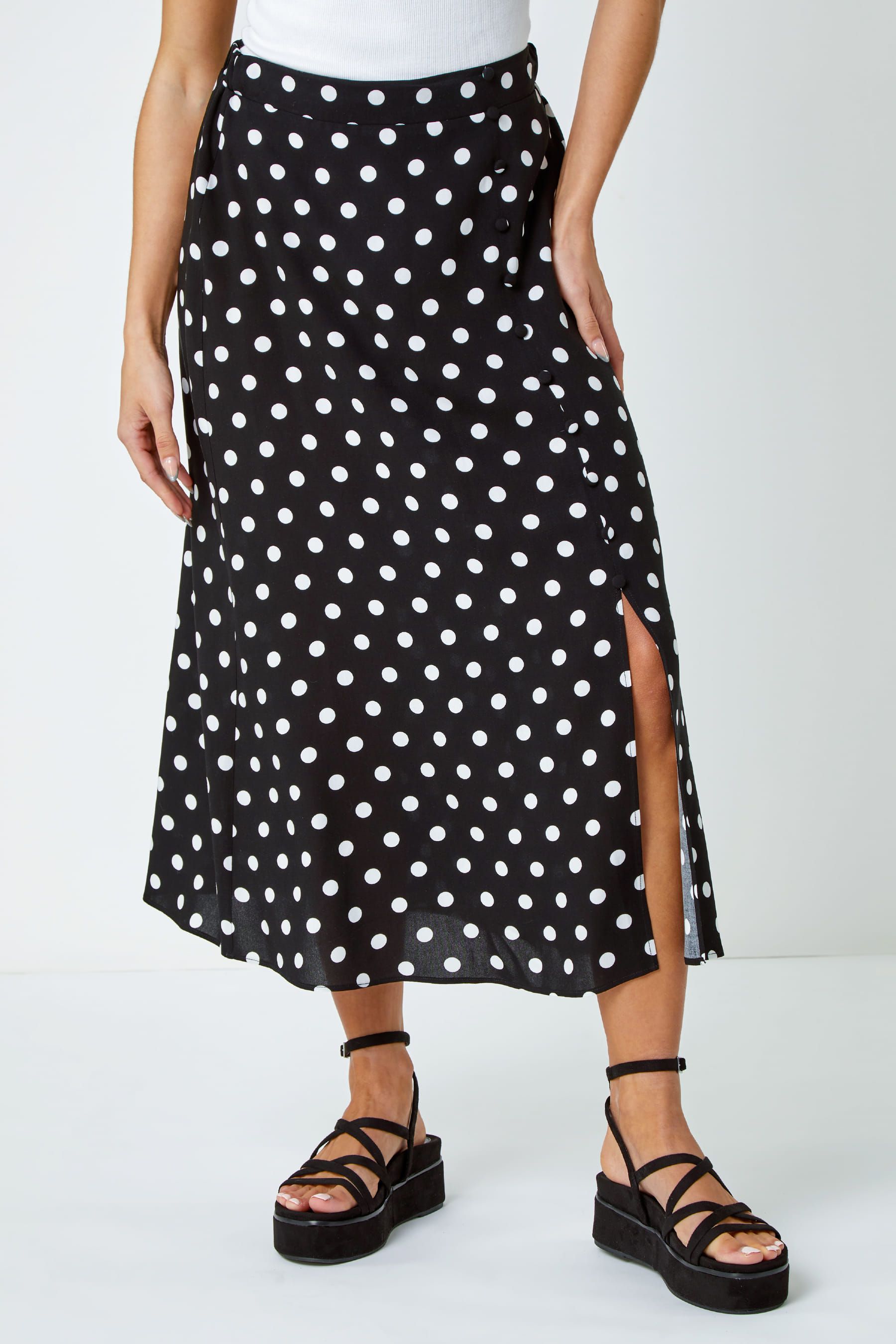Dusk Black Polka Dot Button Detail Midi Skirt