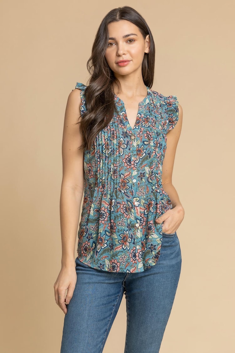 Roman Blue Sleeveless Frill Detail Floral Blouse - Image 1 of 4